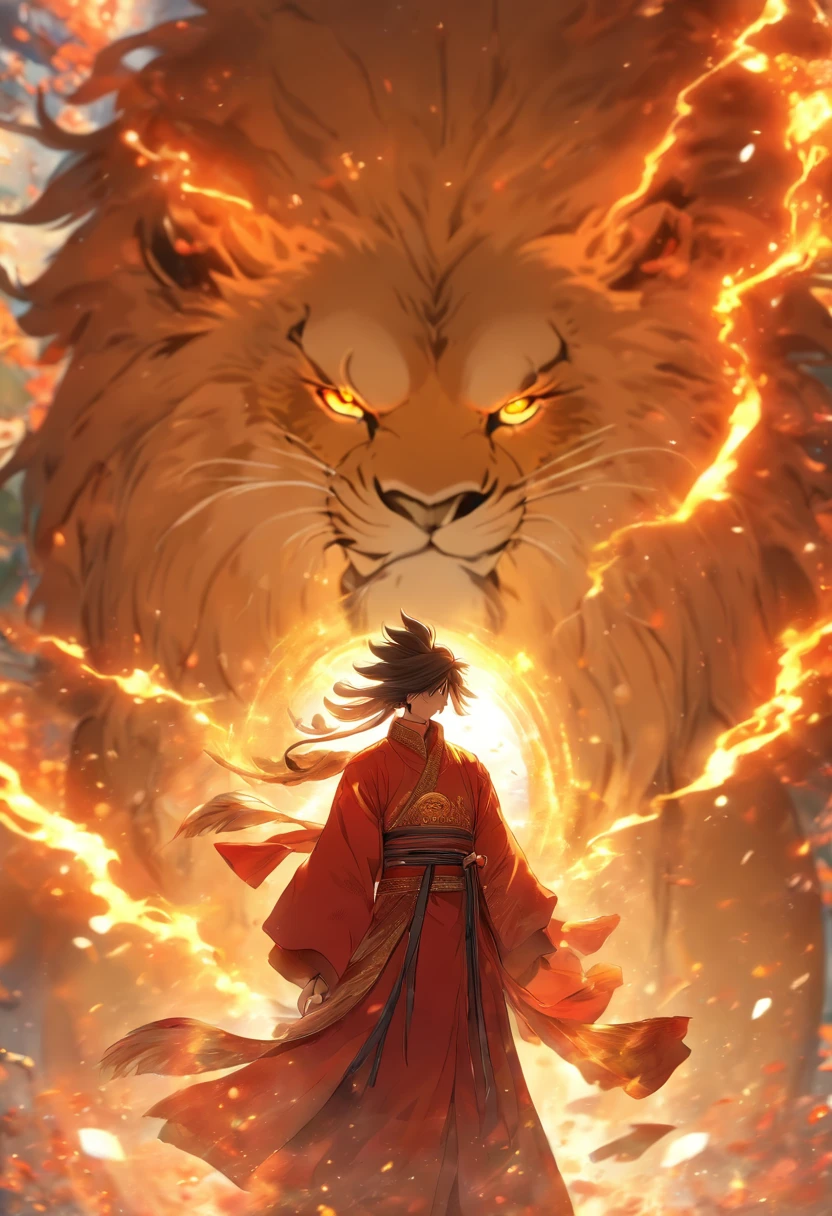 (tmasterpiece), (Best quality at best), Cinematic quality，Rendered by Octane，Ultra-detailed details，1 boy,Cool action，Wearing ancient Chinese Hanfu，(Ancient Chinese Formation:1.2),Energy surrounds，light particle fluid，Fairy air fluttering，Luminous magic circle，Summon ancient beasts，oda&#39;There is a huge lion behind him