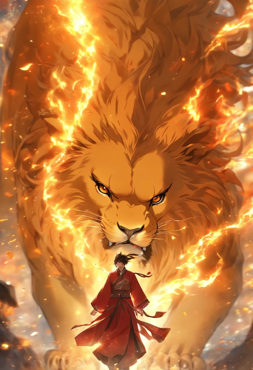 (tmasterpiece), (Best quality at best), Cinematic quality,Rendered by Octane,Ultra-detailed details,1 boy,Cool action,Wearing ancient Chinese Hanfu,(Ancient Chinese Formation:1.2),Energy surrounds,light particle fluid,Fairy air fluttering,Luminous magic circle,Summon ancient beasts,oda'There is a huge lion behind him