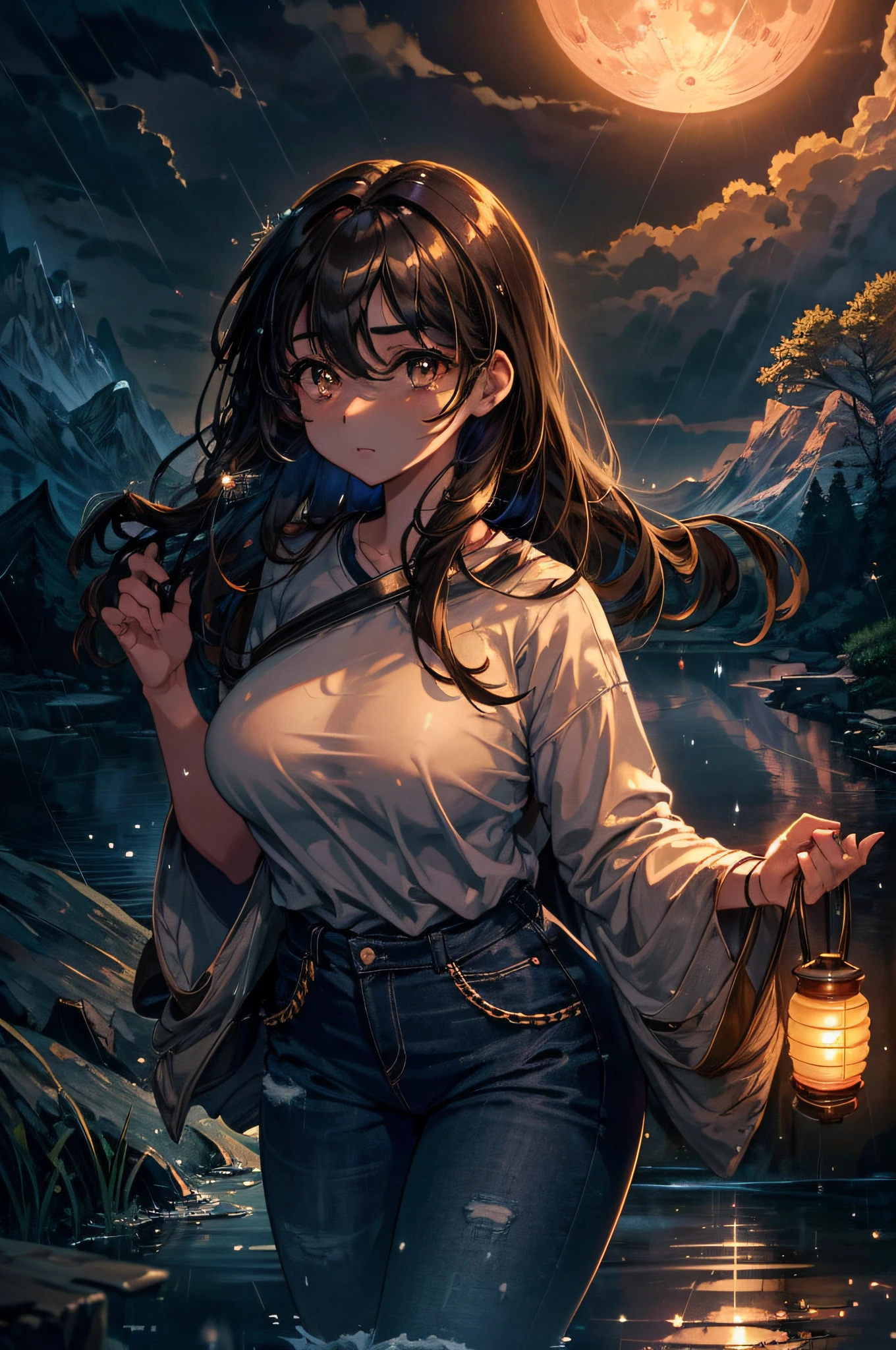 One girl, happy, moon, 24-years, lantern, night, ground, Wide black t-shirt with black chain, jeans, Slightly chubby, nose is small, not too pointed, long hair, slightly wavy, boobs big, brown hair no bangs, water, outdoors, sky, full moon, rain, mountain, cloud, paper lantern, standing, night sky, tree, sideways, reflection, cloudy sky (masterpiece), (extremely detailed 8k CG wallpaper), top quality, ground, 1girl, cinematic lighting, intricate background, beautiful detailed eyes, shining pupils, (exquisitely delicate and lovely), (description of beautiful and detailed brown eyes), ultra-detailed, masterpiece).