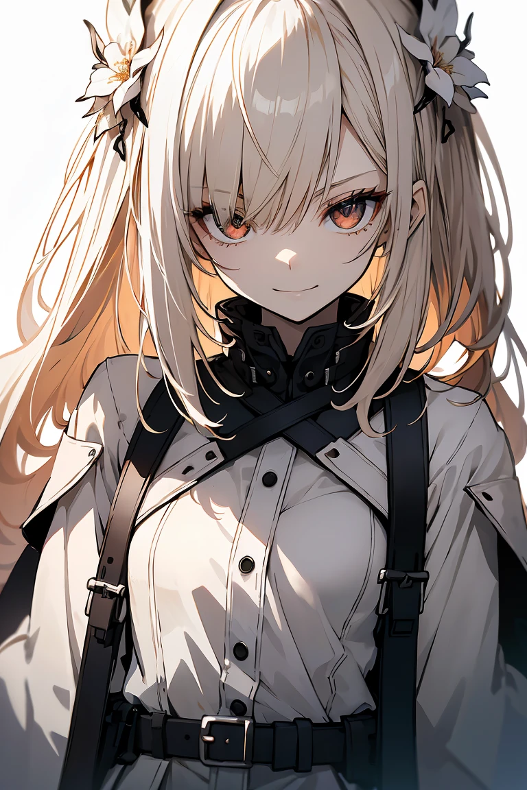 1 girl in, Full body, White one-piece military uniform, (masutepiece:1.2, Best Quality), (finely detailed beautiful eye: 1.2), (beautifull detailed face), High contrast, (Best Illumination, extremely delicate and beautiful), ((Cinematic Light)), Dramatic light, very orange eyes, flat chest, Belt under the chest, White military uniform, White skirt,blonde hair, Black tie, (Pale white background:1.5), Wolf cut hair, Look at me and smile,
