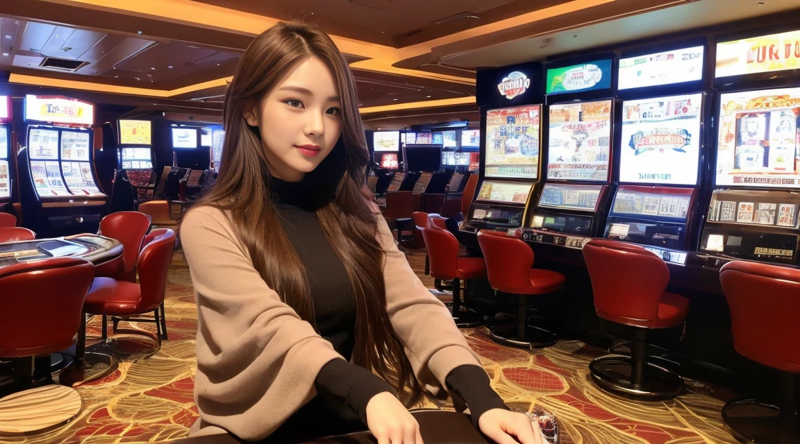 ((最高品質, 10, masterpiece: 1.3)), crisp focus: 1.2, Beautiful woman with perfect style: 1.4, Slender abs: 1.2, ((dark-brown hair, small: 1.2)), (natural light, city street: 1.1), Highly detailed face and skin texture, detailed eyes, 二重まぶた (Random background,In casinos,VIP casino room, Modern Casino Console, Modern Slot Machines )