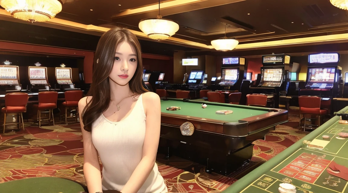 ((最高品質, 10, masterpiece: 1.3)), crisp focus: 1.2, Beautiful woman with perfect style: 1.4, Slender abs: 1.2, ((dark-brown hair, small: 1.2)), (natural light, city street: 1.1), Highly detailed face and skin texture, detailed eyes, 二重まぶた (Random background,In casinos,VIP casino room, Modern Casino Console, Modern Slot Machines )