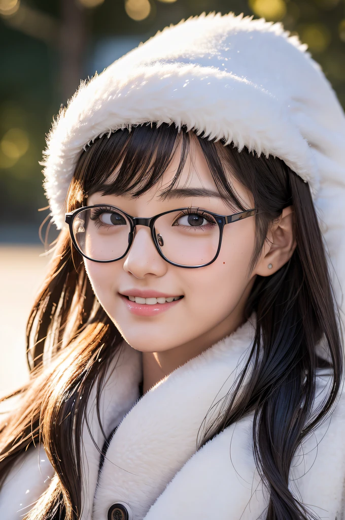 ((japanaese girl)), 8K, Raw photo, Best Quality, ultra-detailliert, Ultra High Resolution, Realistic, photographrealistic, high-definition RAW color photography, professional photograpy, Extremely detailed, 8K Wallpaper, amazing, finely detail, Huge file size, extra detailed face, extremely detailed eye, highlydetailed skin, extremely detailed fingers, highly detailed nose, highly detail mouth, Perfect Anatomy, Highly detailed background, Realistic body, Good figure, blown hair, Cute face, Photography, (Happy smile), Perfect Skin, Perfect Anatomy, (glasses), (Mole), swept bangs, ((winter)), hokkaido, long coat, muffler, full black eyes,