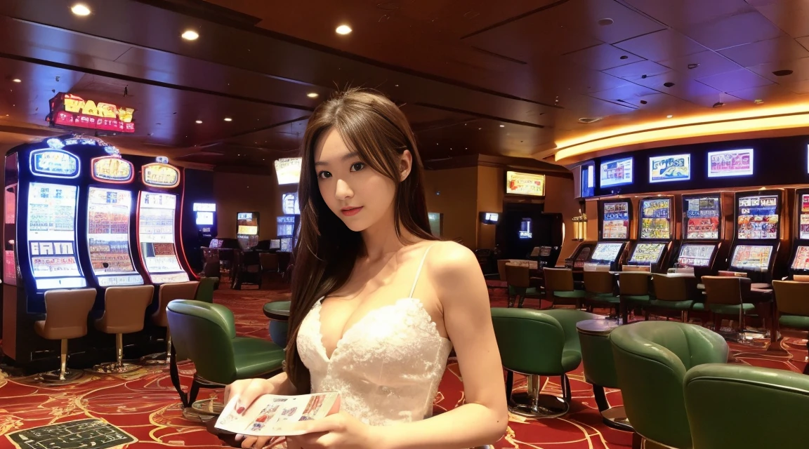 1 woman ,((最高品質, 10,master-piece: 1.3)), crisp focus: 1.2, Beautiful woman with perfect style: 1.4, Slender abs: 1.2, Revealing a little cleavage, Sexy, ((dark-brown hair, small: 1.2)), (natural light, city street: 1.1), Highly detailed face and skin texture, detailed eyes, 二重まぶた (Random background,In casinos,VIP casino room, Modern Casino Console, Modern Slot Machines )