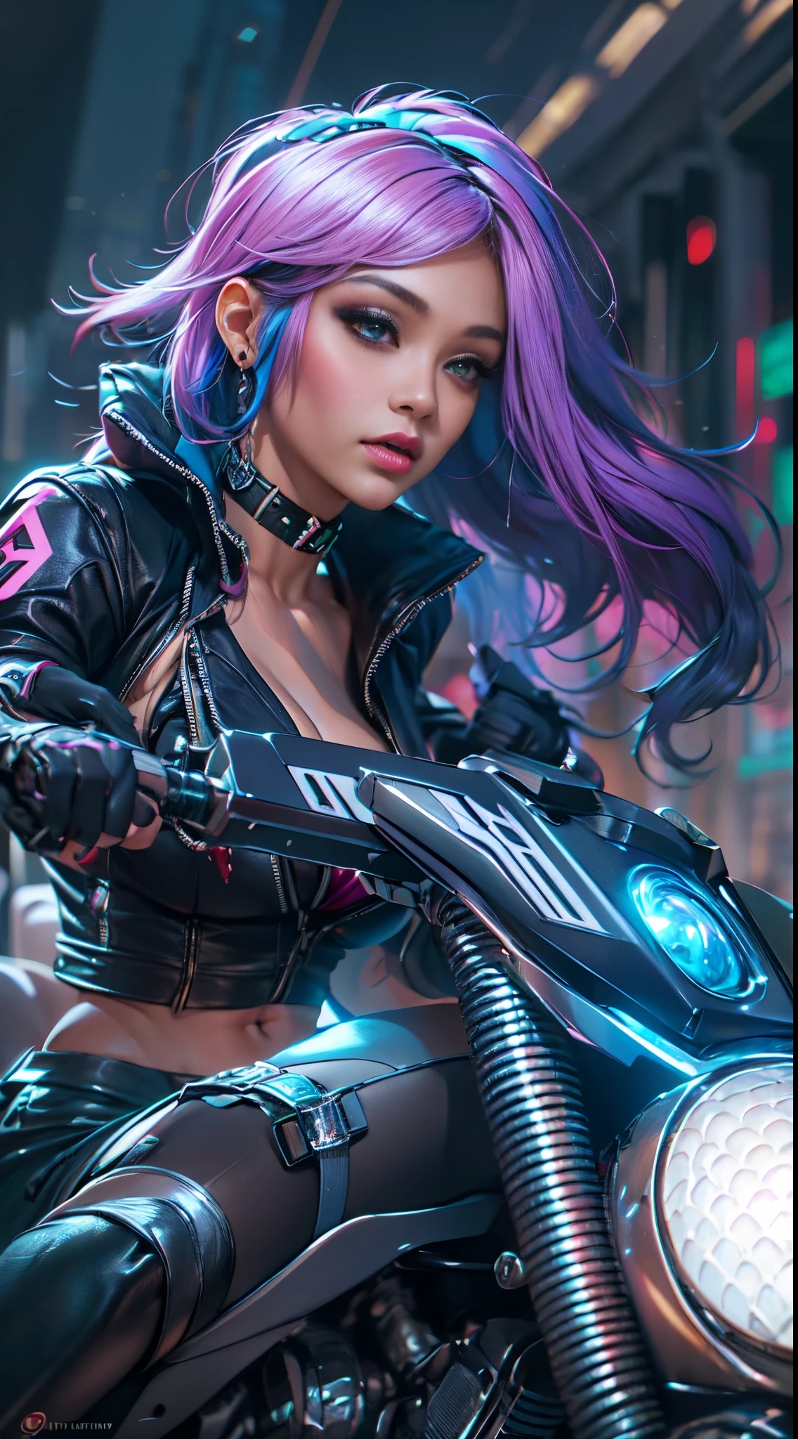 a close up of a person on a motorcycle with a gun, sitting on cyberpunk motorbike, kda, style league of legends, ig model | artgerm, wild rift, seraphine ahri kda, style artgerm, artgerm style, cyber universe style, g liulian art style, extremely detailed artgerm, league of legends character