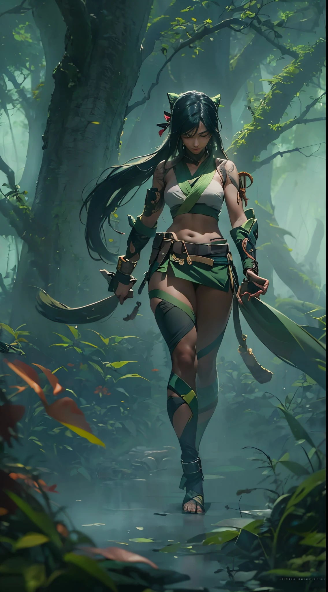Akali, in the midst of a dense, mystical fog-filled forest, her figure barely visible, creating an air of suspense and danger. The fog plays with the shadows of her ninja outfit, revealing glimpses of her intensity. The environment is rich with ancient trees and hidden paths