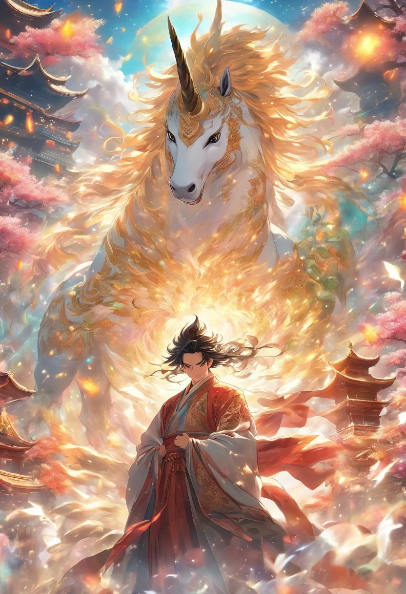(tmasterpiece), (Best quality), Cinematic quality,Rendered by Octane,Ultra-detailed details,1 boy,Cool action,Wearing ancient Chinese Hanfu,(Ancient Chinese Formation:1.2),energy surround,light particle fluid,Fairy air fluttering,Luminous magic circle,Summon ancient beasts,oda'There's a huge unicorn behind him