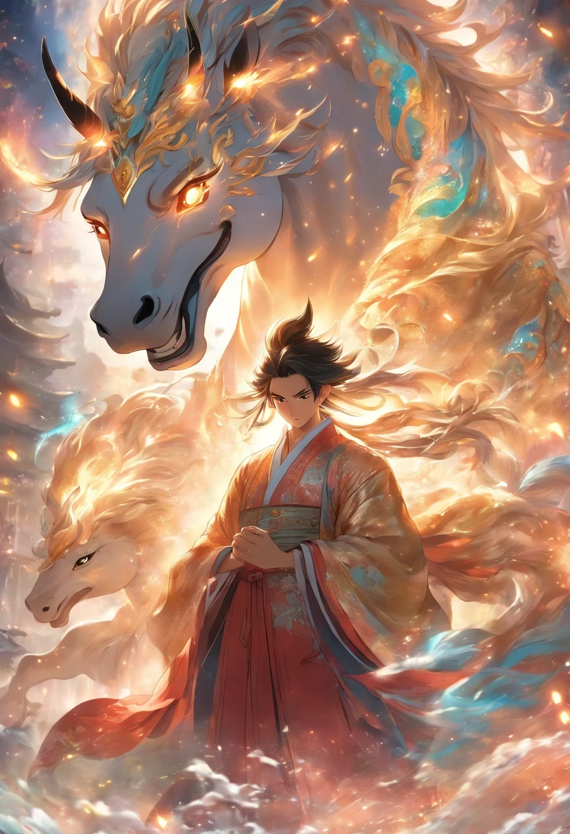 (tmasterpiece), (Best quality), Cinematic quality，Rendered by Octane，Ultra-detailed details，1 boy,Cool action，Wearing ancient Chinese Hanfu，(Ancient Chinese Formation:1.2),energy surround，light particle fluid，Fairy air fluttering，Luminous magic circle，Summon ancient beasts，oda&#39;There&#39;s a huge unicorn behind him