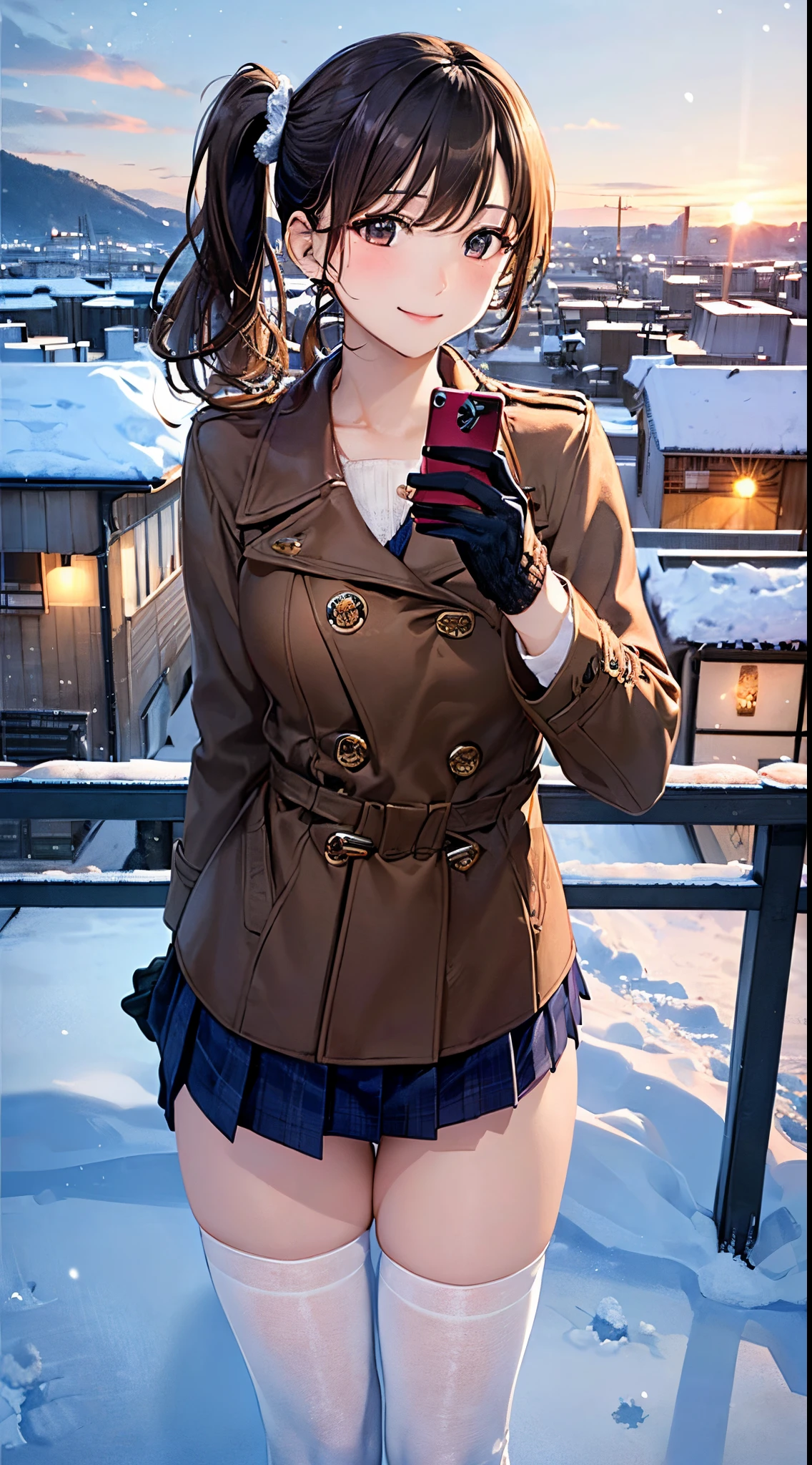 ((((, , perfect anatomy, super detailed skin)))), 1 girl, japanese, 14 years old, shiny skin, large breasts:0.5, watching the view, (smile:1.5), 
beautiful hair, beautiful face, beautiful detailed eyes, (middle hair:1.5, side ponytail:1.7), 
beautiful clavicle, beautiful body, beautiful chest, beautiful thigh, beautiful legs, babyface, , , mole under eye, 
(navy school uniform, long sleeves, navy pleated skirt, sailor collar, , black thigh-highs, 
((brown medium coat, muffler, knitted gloves)), extremely sexy, seductive thighs)), white panties, 
(beautiful scenery), winter, evening, hokkaido, sapporo, outdoors, snow, snowfall:1.5, freezing weather, frost, walking, holding a phone, 
(8k, top-quality, masterpiece​:1.2, extremely detailed, , ), (realistic, photorealistic:1.2), beautiful illustration, cinematic lighting, full body,