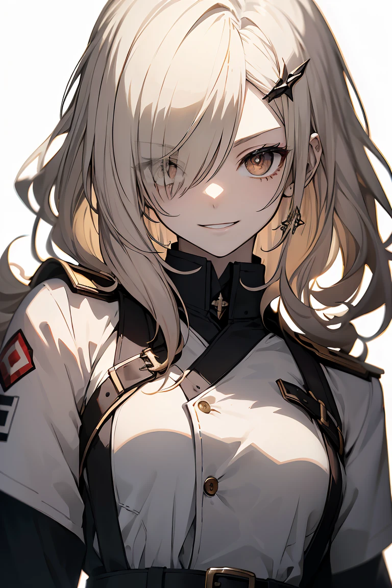 1 girl in, Full body, White one-piece military uniform, (masutepiece:1.2, Best Quality), (finely detailed beautiful eye: 1.2), (beautifull detailed face), High contrast, (Best Illumination, extremely delicate and beautiful), ((Cinematic Light)), Dramatic light, very orange eyes, flat chest, Belt under the chest, White military uniform, White skirt,blonde  hair, Black tie,  (Pale white background:1.5), Wolf cut hair, Look at me and smile,