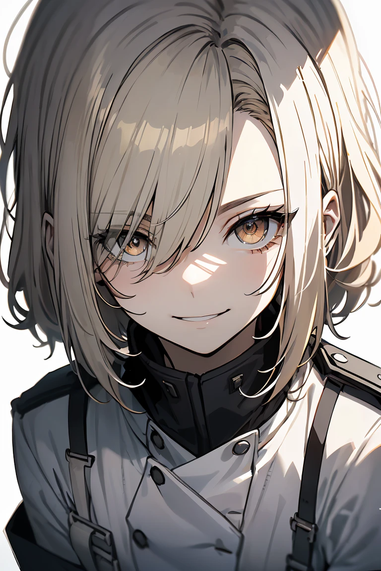 1 girl in, Full body, White one-piece military uniform, (masutepiece:1.2, Best Quality), (finely detailed beautiful eye: 1.2), (beautifull detailed face), High contrast, (Best Illumination, extremely delicate and beautiful), ((Cinematic Light)), Dramatic light, very orange eyes, flat chest, Belt at under the breast, White military uniform, White skirt,blonde hair, Black tie, (Pale white background:1.5), Wolf cut hair, Look at me and smile,