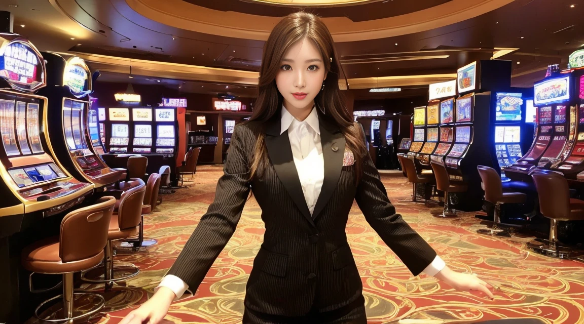 ((最高品質, 10, master-piece: 1.3)), crisp focus: 1.2, Beautiful woman with perfect style: 1.4, Slender abs: 1.2, ((dark-brown hair, small: 1.2)), (natural light, city street: 1.1), Highly detailed face and skin texture, detailed eyes, 二重まぶた (Random background,In casinos,VIP casino room, Modern Casino Console, Modern Slot Machines ) (Dress up as a random casino employee...'uniform.,Sexy)