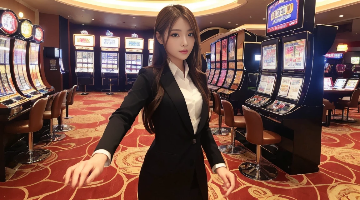 ((最高品質, 10, master-piece: 1.3)), crisp focus: 1.2, Beautiful woman with perfect style: 1.4, Slender abs: 1.2, ((dark-brown hair, small: 1.2)), (natural light, city street: 1.1), Highly detailed face and skin texture, detailed eyes, 二重まぶた (Random background,In casinos,VIP casino room, Modern Casino Console, Modern Slot Machines ) (Dress up as a random casino employee...'uniform.,Sexy)