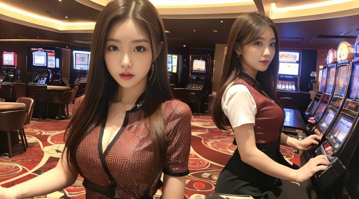 ((最高品質, 10, master-piece: 1.3)), crisp focus: 1.2, Beautiful woman with perfect style: 1.4, Slender abs: 1.2, ((dark-brown hair, small: 1.2)), (natural light, city street: 1.1), Highly detailed face and skin texture, detailed eyes, 二重まぶた (Random background,In casinos,VIP casino room, Modern Casino Console, Modern Slot Machines ) (Dress up as a random casino employee...'uniform.,Sexy)