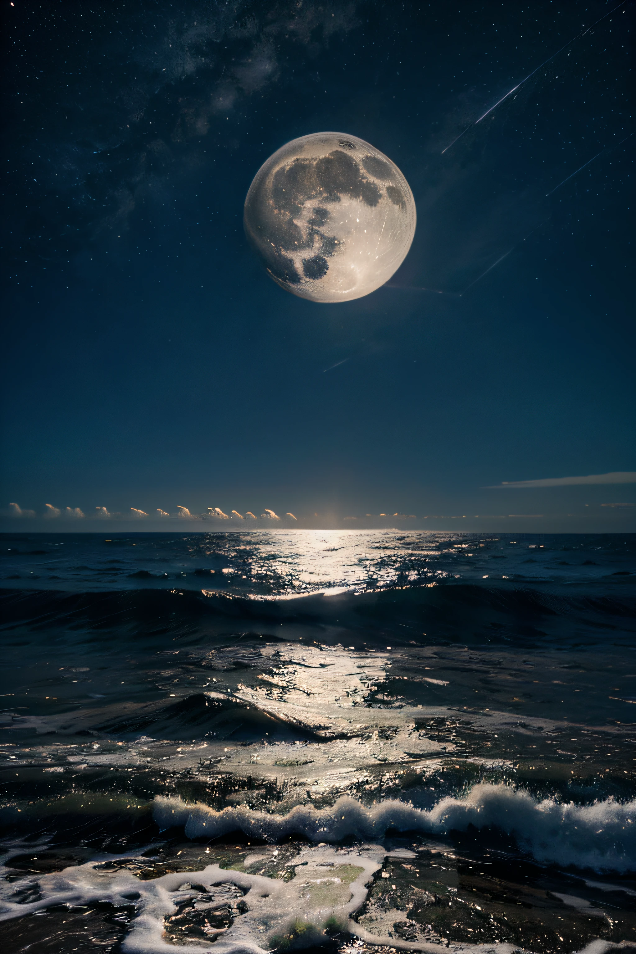 More full HD image of the beautiful ocean with sky full of stars and a full moon with cinematic effect animation