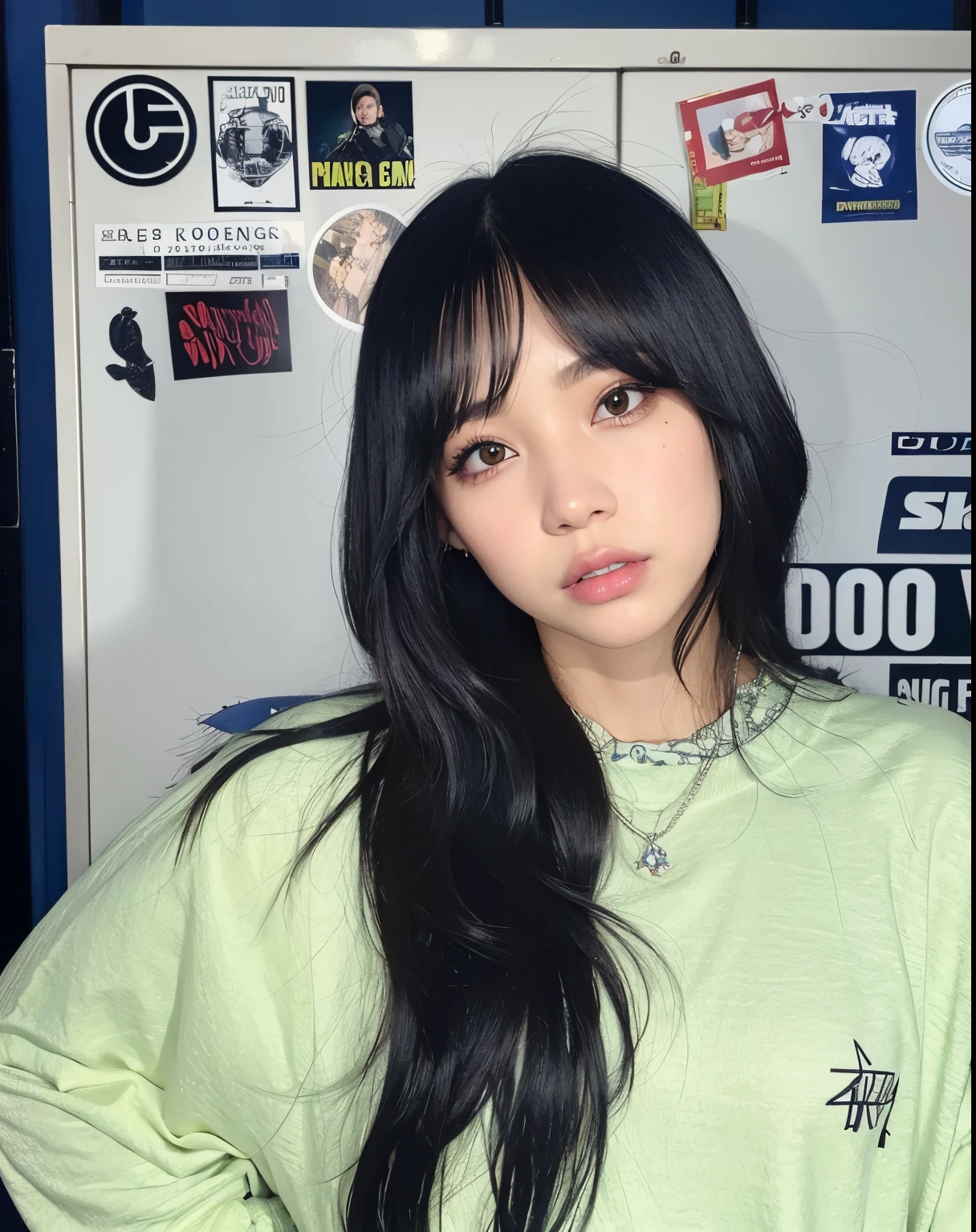 There's a woman standing in front of a refrigerator, Ela tem cabelo preto com franja, com franja, Dom Yunjoo, Retrato de Jossi de Blackpink, com franja completa, cabelo arrumado com franja, Jinyoung Canela, Kim Doyoung, franja central separada, Ulzzang, jossi do blackpink, cabelos longos com franja, franja de cortina