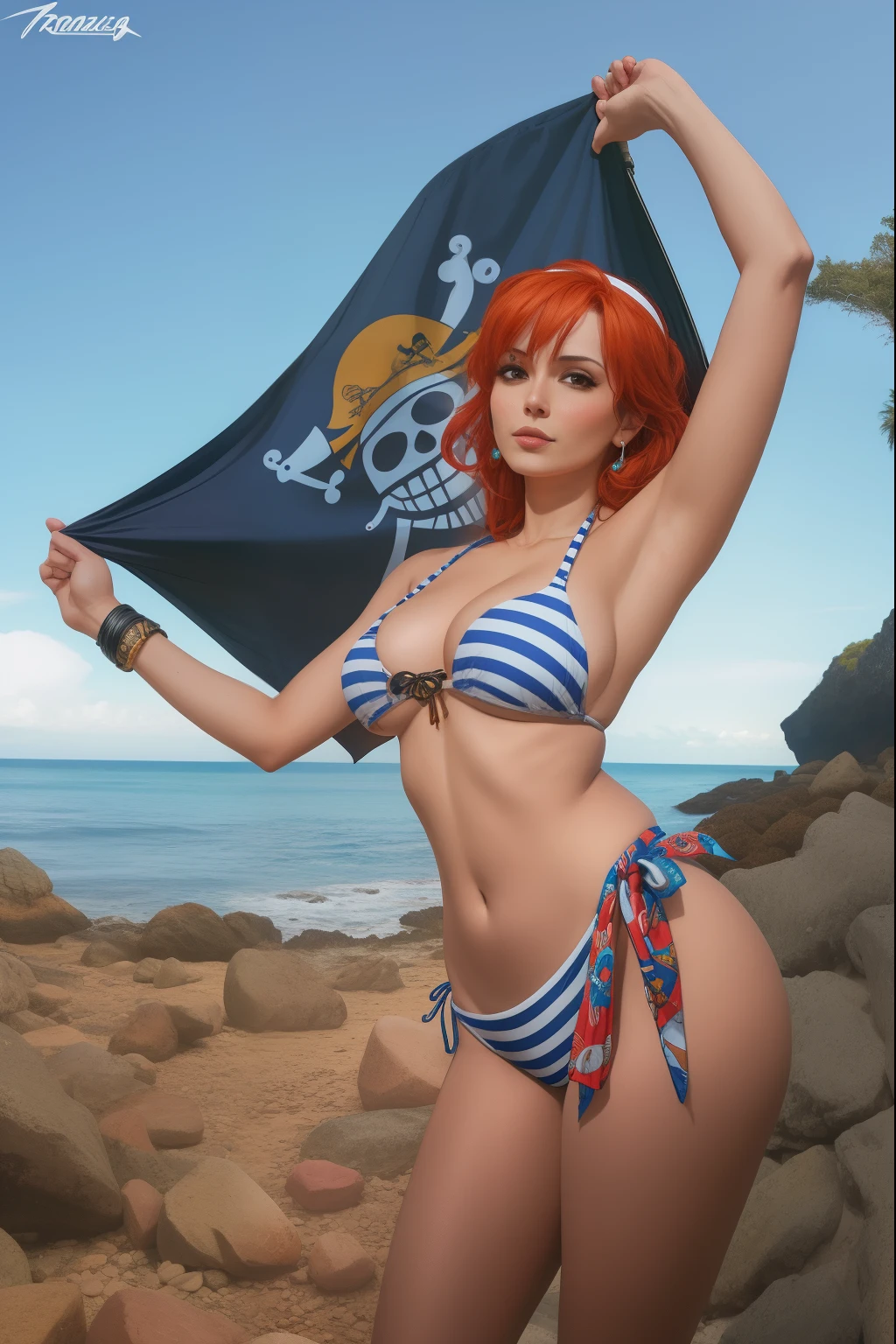arafed woman in a bikini holding a pirate flag on a rocky beach, nami from one piece, nami one piece, beautiful portrait of nami, from one piece, nami, one piece, better known as amouranth, is wearing a swimsuit, amouranth, inspired by Eiichiro Oda, sea of thieves style, by Randy Vargas
