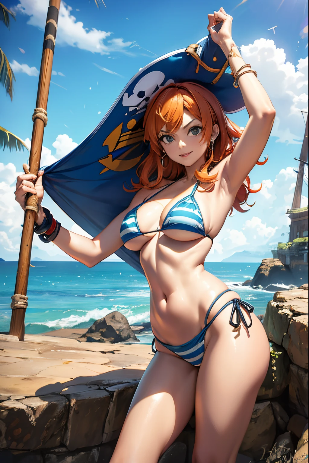 arafed woman in a bikini holding a pirate flag on a rocky beach, nami from one piece, nami one piece, beautiful portrait of nami, from one piece, nami, one piece, better known as amouranth, is wearing a swimsuit, amouranth, inspired by Eiichiro Oda, sea of thieves style, by Randy Vargas