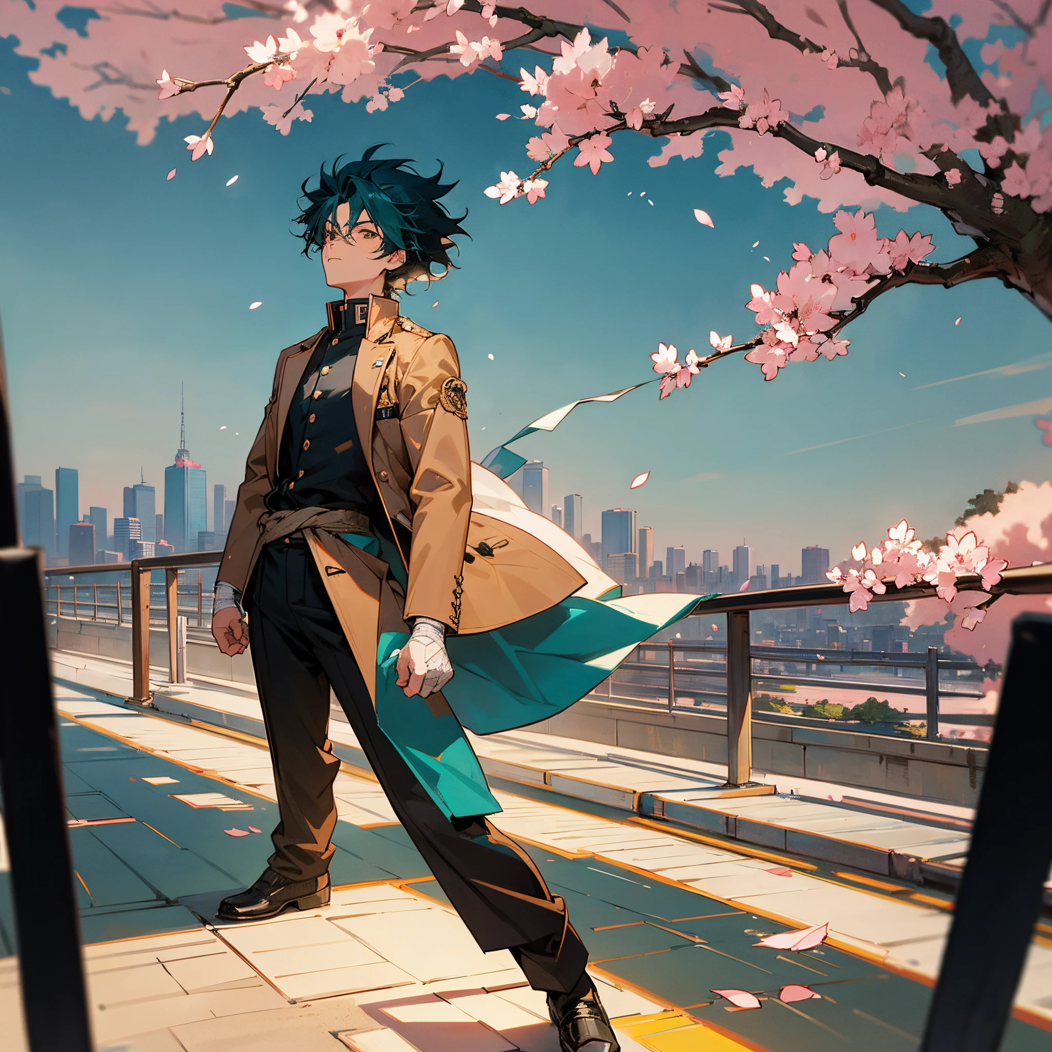 1male, messy medium spiked wavy hair, teal colored hair, finely detailed brown eyes, open black gakuran uniform, bandages wrapped around one arm, cityscape background, standing on street, tokyo, cherry blossom tree, muscular and lean build