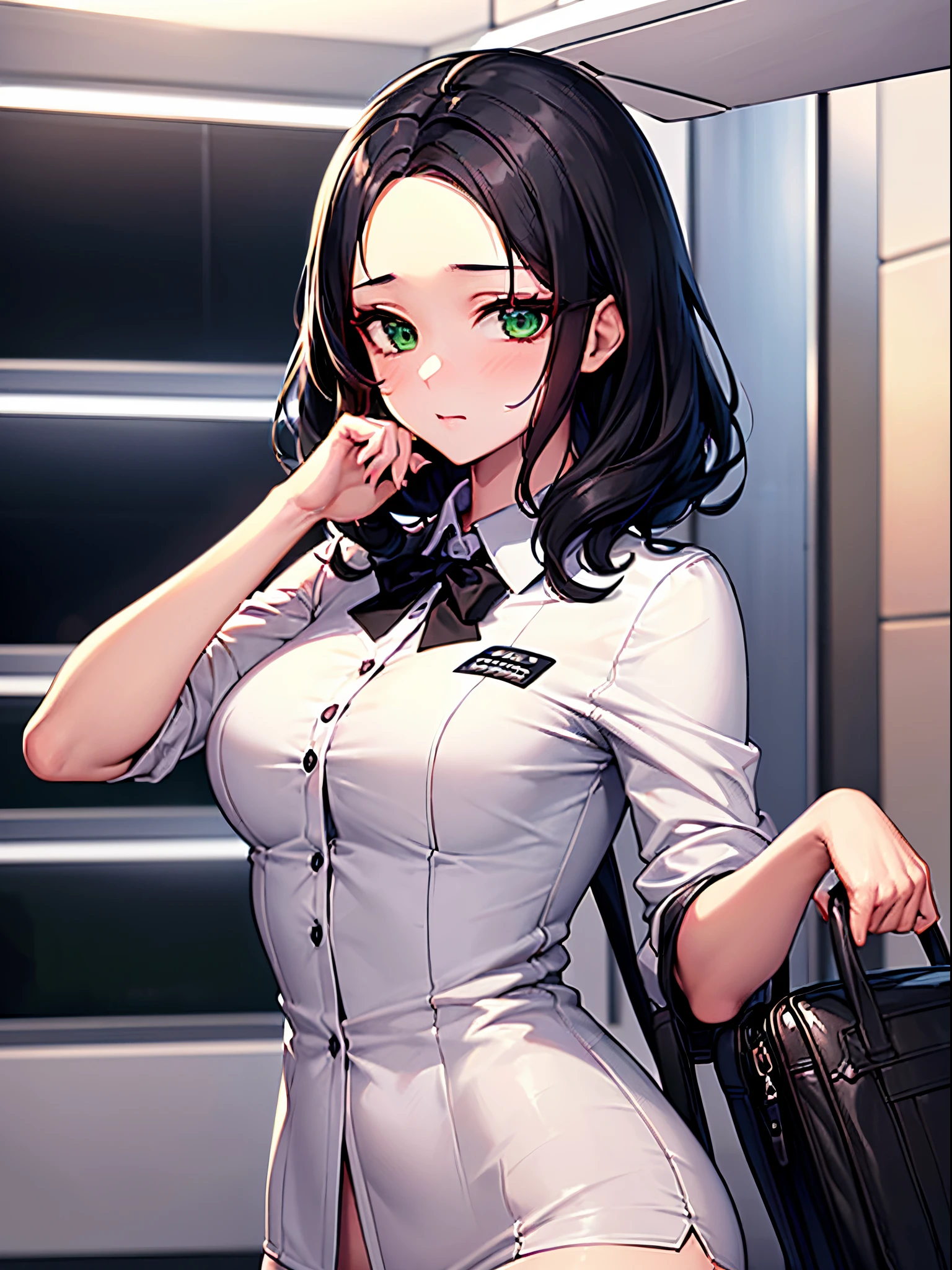 ((Best Quality)), (ultra-detailliert), ((Extremely detailed)), (Beautiful), ((Kawaii Girl)), ((UHD)), (masterpiece), (high quality), (best quality), (4K), (high quality), 1, solo girl, 1girl, (black hair), (medium hair), (forehead), wavy hair, green eyes, medium breasts, slender body, flight attendant uniform, airport lobby, anime