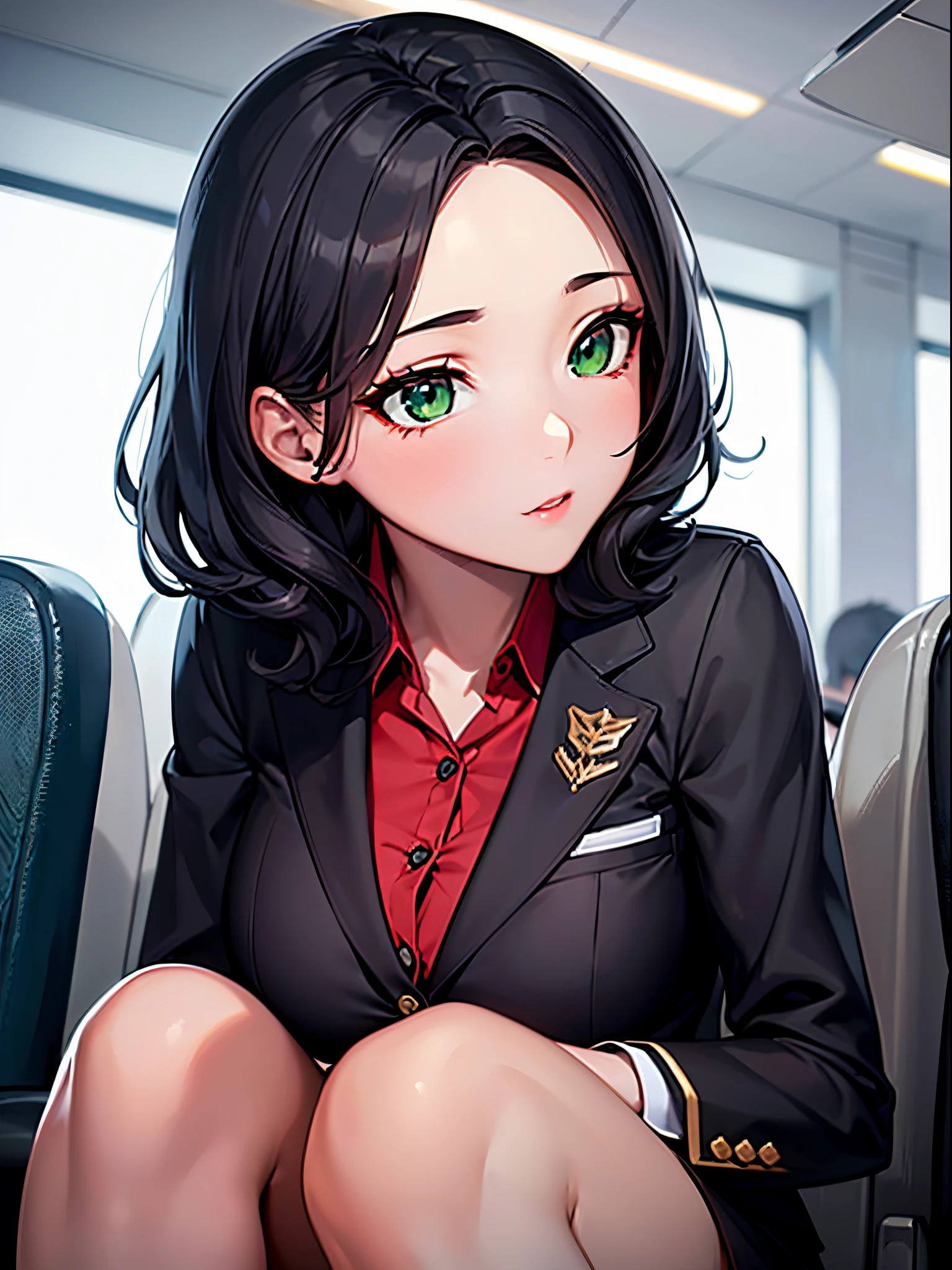 ((Best Quality)), (ultra-detailliert), ((Extremely detailed)), (Beautiful), ((Kawaii Girl)), ((UHD)), (masterpiece), (high quality), (best quality), (4K), (high quality), 1, solo girl, 1girl, (black hair), (medium hair), (forehead), wavy hair, green eyes, medium breasts, slender body, flight attendant uniform, airport lobby, anime