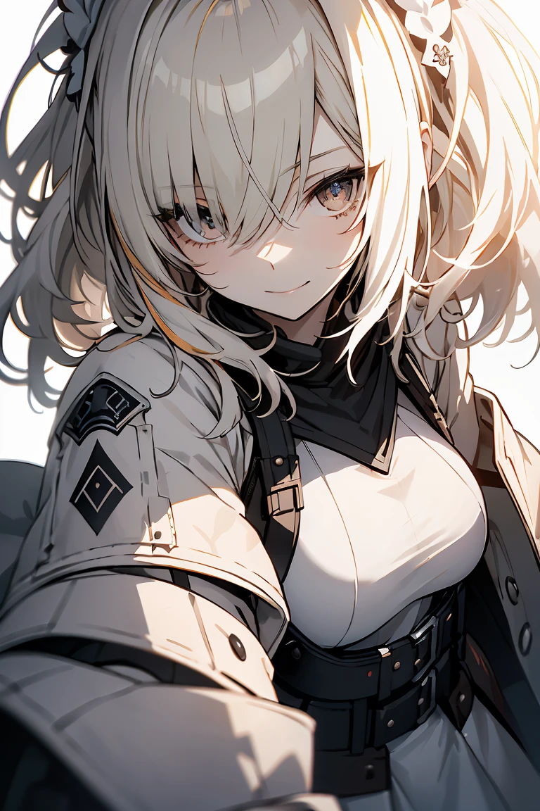 1 girl in, Full body, White one-piece military uniform, (masutepiece:1.2, Best Quality), (finely detailed beautiful eye: 1.2), (beautifull detailed face), High contrast, (Best Illumination, extremely delicate and beautiful), ((Cinematic Light)), Dramatic light, very orange eyes, flat chest, Belt at under the breast, White military uniform, White skirt,blonde  hair, Black tie,  (Pale white background:1.5), Wolf cut hair, Look at me and smile,