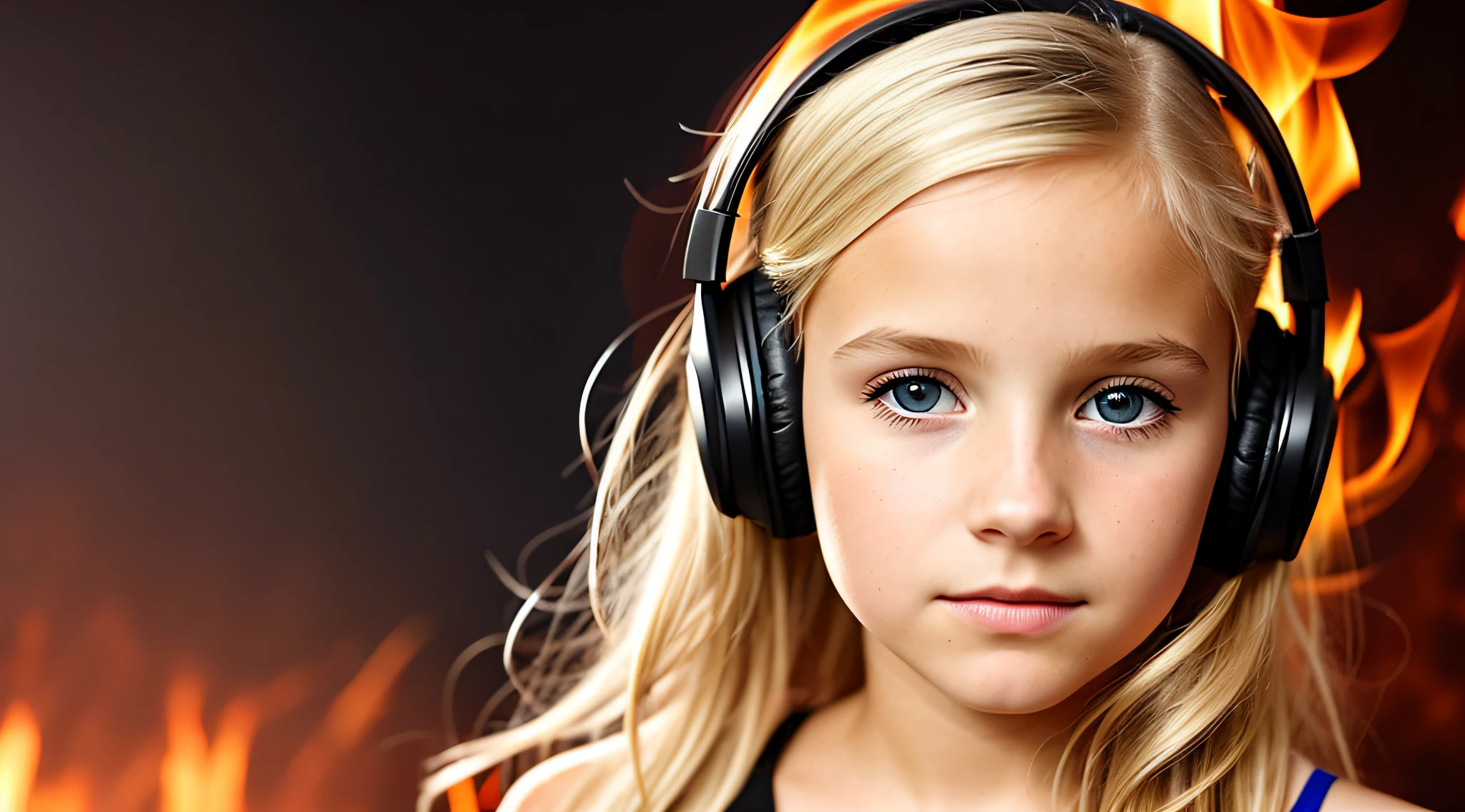 10 years old girl BLONDE CHILD, golden eyes, platinum haired girl, there is a woman with headphones and a red background, on fire, flames in the background, flames surround her, fire and flames and smoke, portrait shot, promotional art, red flames in the background, background art, wearing tumultuous flames, flames in the background, closeup portrait photo,  Girl wearing headphones, loud music, hair made of fire, music, fiery atmosphere