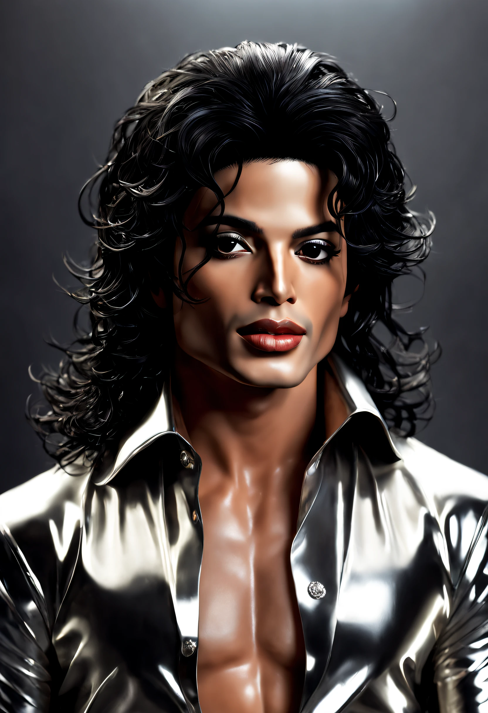 Michael Jackson, with a very beautiful face, there is no hair on his face just the skin on his face, curved eyebrows, with a hole in his chin, thin nose, half angled half oval face, long curly black hair, with a stylish silver outfit, hyper realistc detalled, 8k.