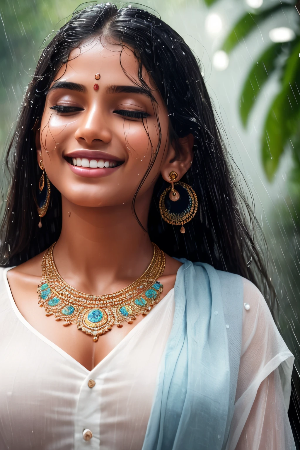 20 years old extremely beautiful brown Tamil girl (white shirt blue jeans), (bangles earrings necklace wrist watch), enjoying in the rain, drenched in rain, eyes closed face up (smile:1.2), gracefully rising her hands over head like a dance posture, (best quality, ultra-detailed:1.6), colorful scene, bright color palette, playful atmosphere, vibrant colors, cute expressions, joyful laughter, raindrop reflections, wet hair, wet clothes, wet body, body reflecting light, back lit, refreshing ambiance, happy face, splashing water, raindrops falling around her, natural lighting, candid moments captured, lively mood, (intricate detailing:1.6 faces & eyes & ears & nose & lips & skin & curves & body parts)