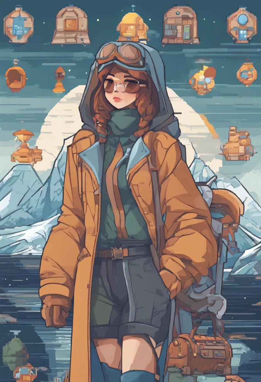 ((high definition)), ((full body)) press photography, ((aviator))((wearing open raincoat and lingerie)), ((Lockheed Vega 5B in the arctic)), ((enchanting)), ((big butt, huge boobs)), ((looking away from the camera)), Detailed, Detailed pretty face, Sharp Focus, (Detailed and intricate), 4k, Leica 35mm F2.8, Fuji Superia Reala 100