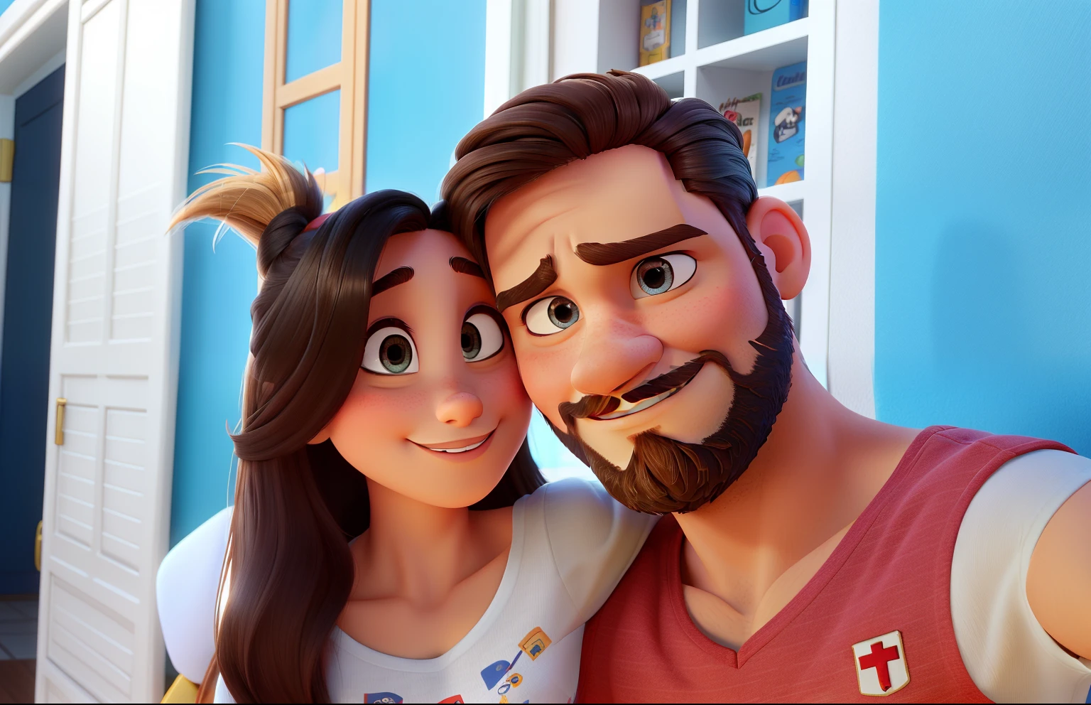 Um homem com barba, olhos castanhos e uma mulher, cabelo comprido, olhos castanhos, estilo disney pixar alta qualidade, melhor qualidade.