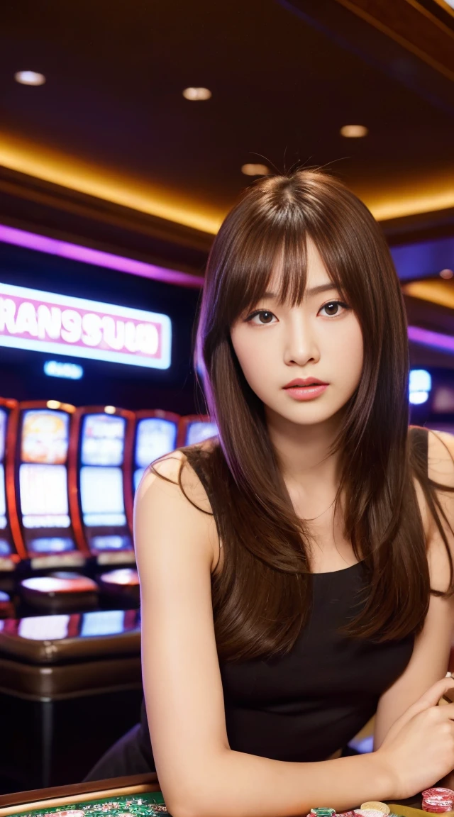 ((最高品質, 10, masterpiece: 1.3)), crisp focus: 1.2, Beautiful woman with perfect style: 1.4, Slender abs: 1.2, ((dark-brown hair, small: 1.2)), (natural light, city street: 1.1), Highly detailed face and skin texture, detailed eyes, 二重まぶた (Random background,In casinos,VIP casino room, Modern Casino Console, Modern Slot Machines )