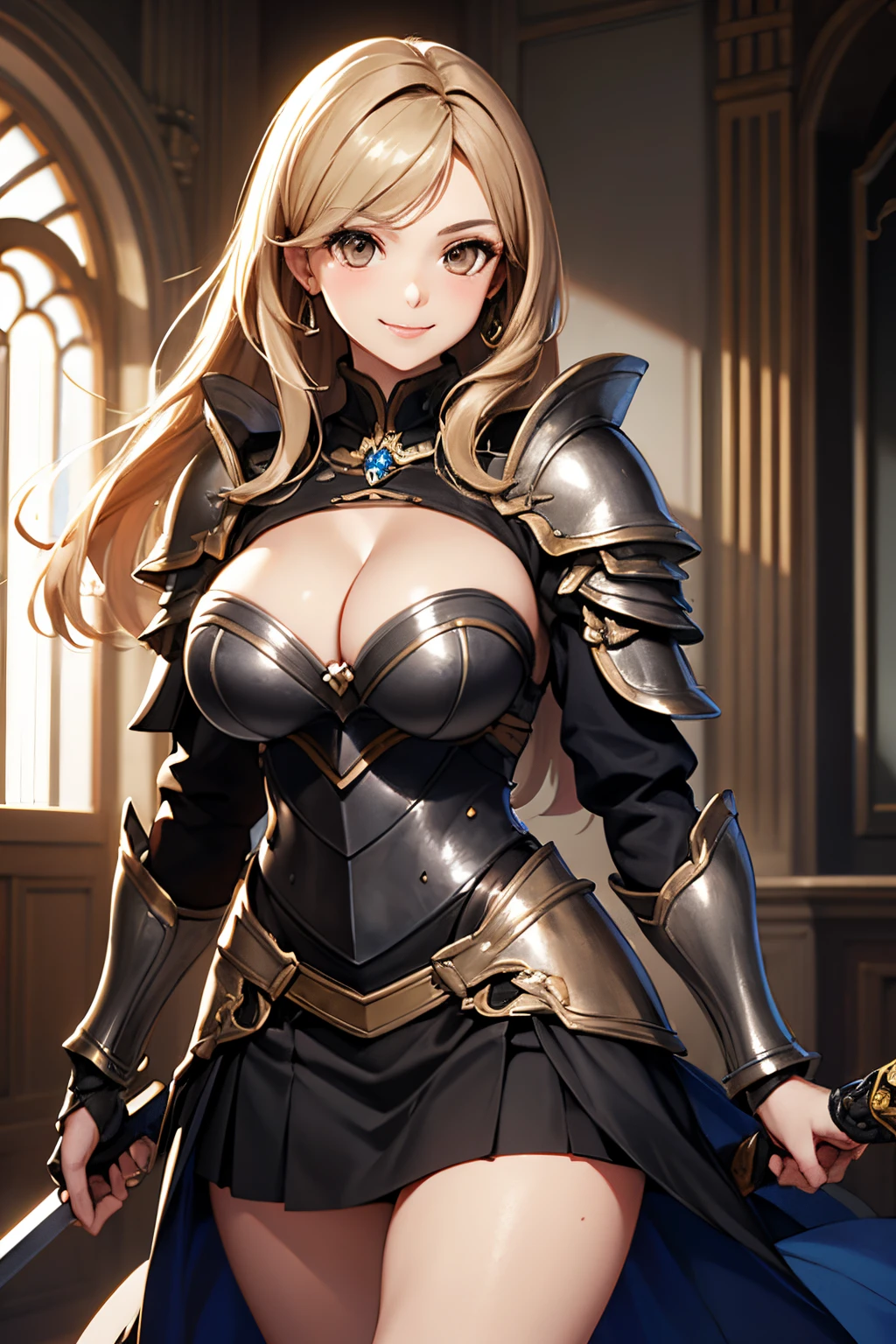 woman, pretty face, dark blonde long hair, brown eyes:1.4 , black armor, cleavage, black skirt, holding two swords, smiling, sure, busty, large thighs, heavy armor, breastplate, high definition eyes