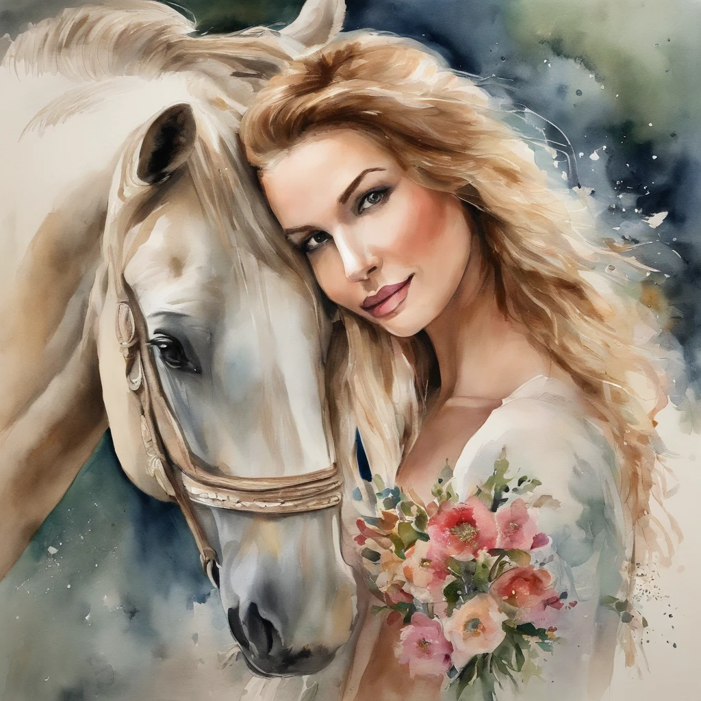 1 horse，Beautiful woman cuddling with a horse、Nine Jun Diagram, Watercolor painting, watercolor paiting, watercolor paiting, Watercolor painting, watercolor on paper, Watercolor on canvas, detailed watercolour, Colorful watercolor painting, watercolor on paper, watercolor paiting, fantasy watercolor, watercolor paiting, Watercolor on canvas, watercolor paiting, vibrant watercolor