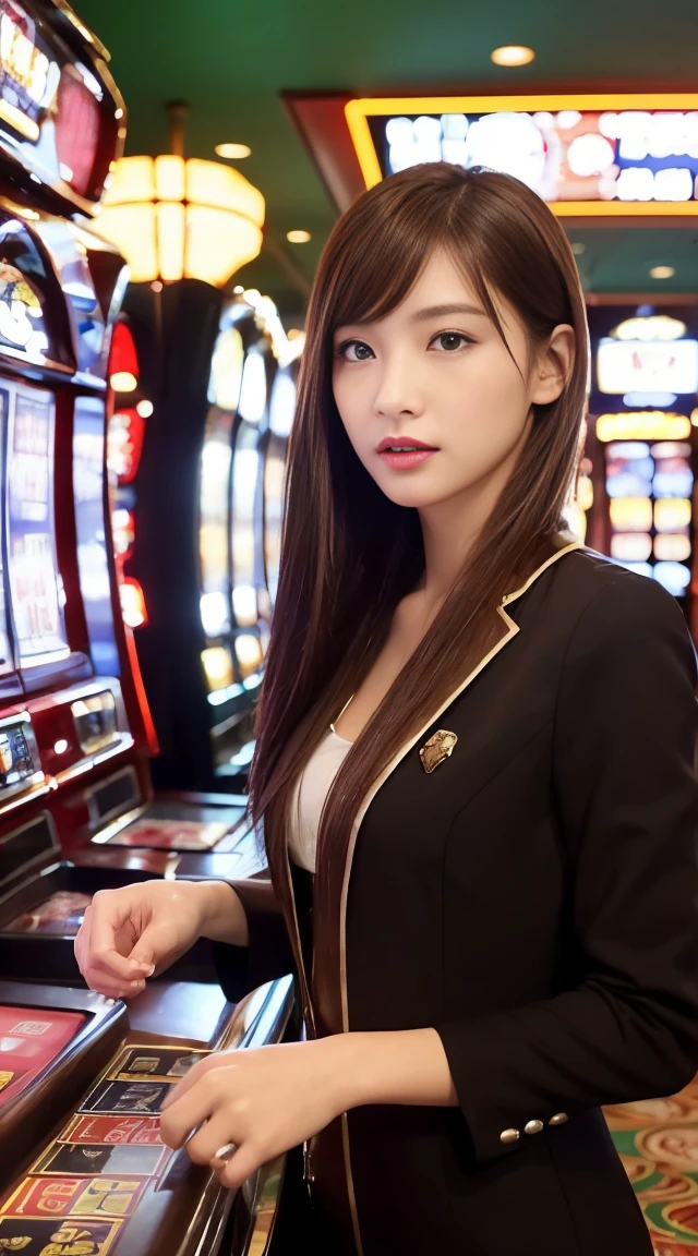 ((最高品質, 10, master-piece: 1.3)), crisp focus: 1.2, Beautiful woman with perfect style: 1.4, Slender abs: 1.2, ((dark-brown hair, small: 1.2)), (natural light, city street: 1.1), Highly detailed face and skin texture, detailed eyes, 二重まぶた (Random background,In casinos,VIP casino room, Modern Casino Console, Modern Slot Machines ) (Dress up as a random casino employee..'uniform.,Sexy)