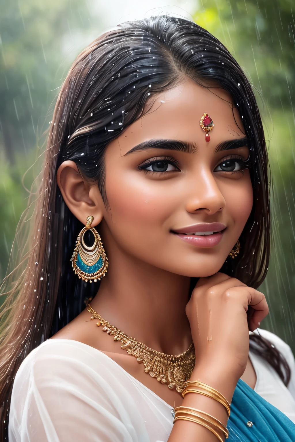 20 years old extremely beautiful brown Tamil girl (white shirt blue jeans), (bangles earrings necklace wrist watch), enjoying in the rain, drenched in rain, eyes symmetry, facing viewers facing camera, (gracefully rising both her hands:1.6 over her head like a dance posture:1.2), (best quality, ultra-detailed:1.6), colorful scene, bright color palette, playful atmosphere, vibrant colors, cute expressions, happy face, raindrop reflections, wet hair, wet clothes, wet body, body reflecting light, back lit, breezy wind, refreshing ambiance, happy face, splashing water, raindrops falling around her, natural lighting, candid moments captured, lively mood, (intricate detailing:1.6 faces & eyes & ears & nose & lips & skin & curves & body parts)