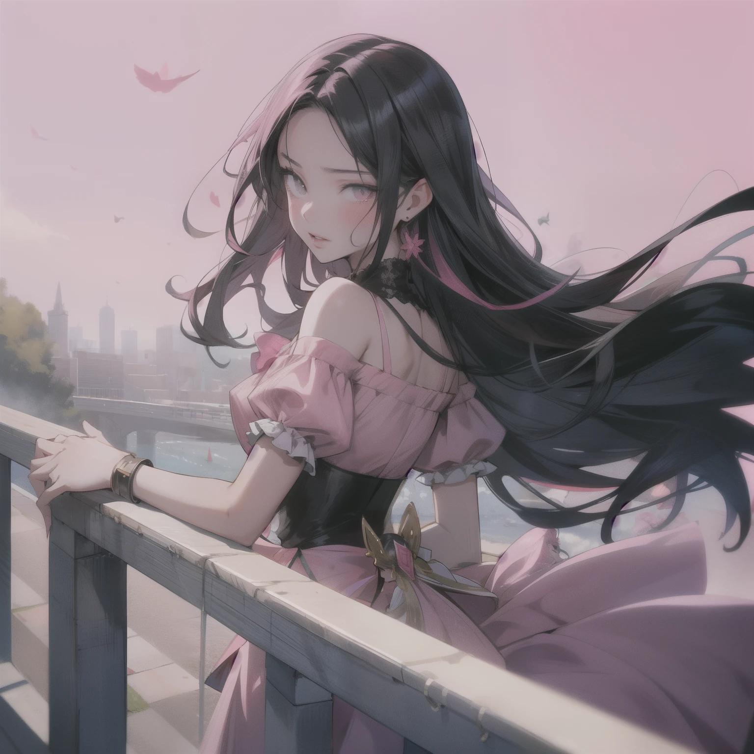 pink alsi color background,Horizontal illustration,railing,s girl,Face the lens,Faraway view,anime,dark toned,Girl with long black hair,JK Maiden,Girl behind the iron railing,The wind blew her hair slightly,The railing is in the middle of the screen,parallel