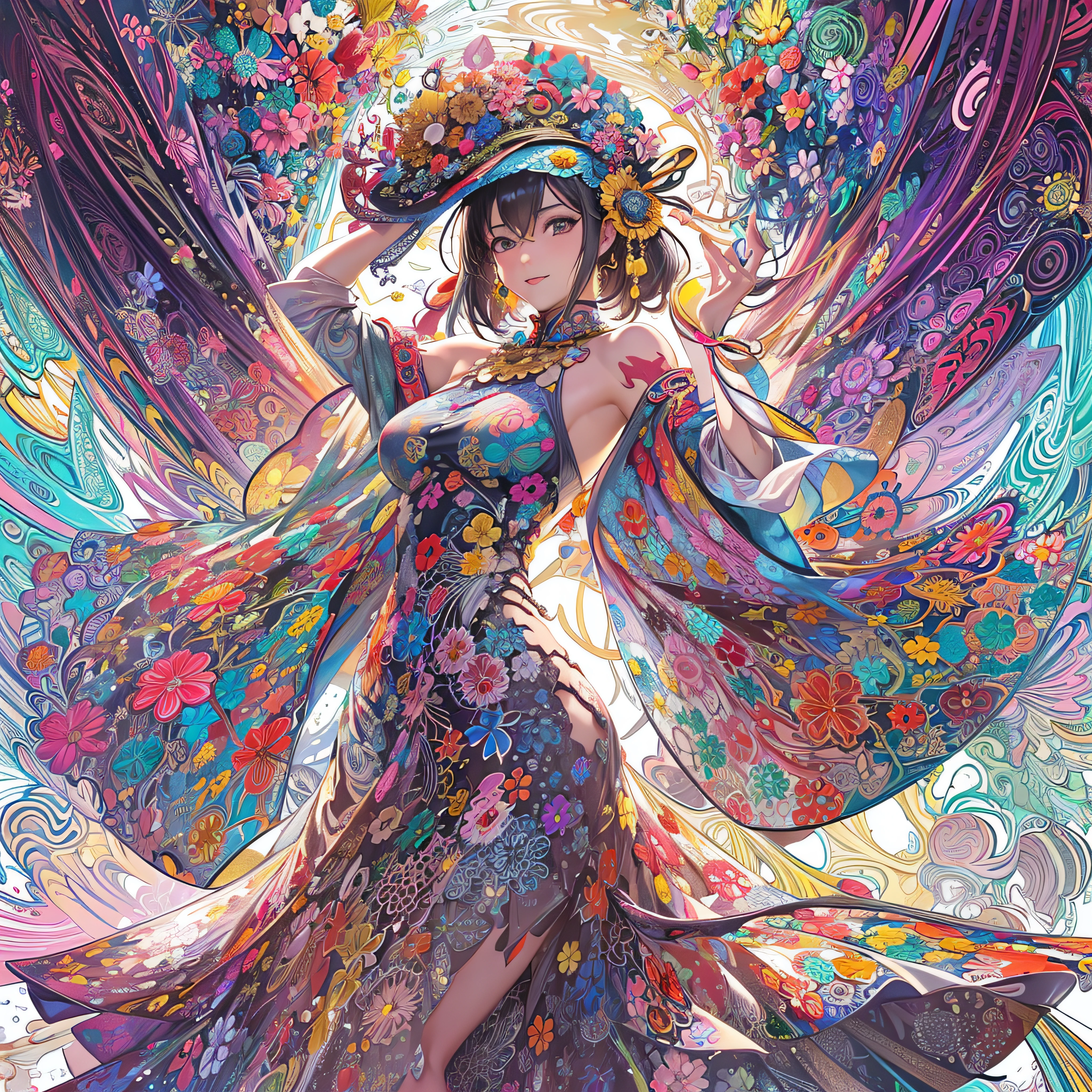 (masutepiece, of the highest quality, Best Quality, Official art, Beautiful and aesthetic:1.2), (1girl in:1.3), Extremely detailed,(Fractal Art:1.2),Colorful,highest details,(Zentangle:1.2), (Dynamic Pose), (Abstract background:1.5), (Congressional Dresses:1.2), (Shiny skin), (Many colors:1.4), Upper body, Thin gauze, Off-the-shoulder, blooming flower field, Glowing skin, lightsmile, Camel toe, Sexy, Bust, nakeness,From below,Ass Up wAIT