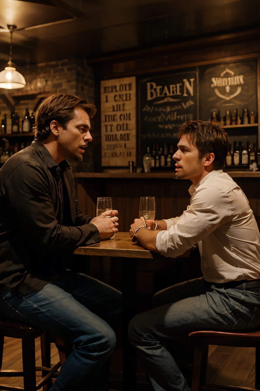 Apostle Peter arguing with Apostle Paul at a bar table