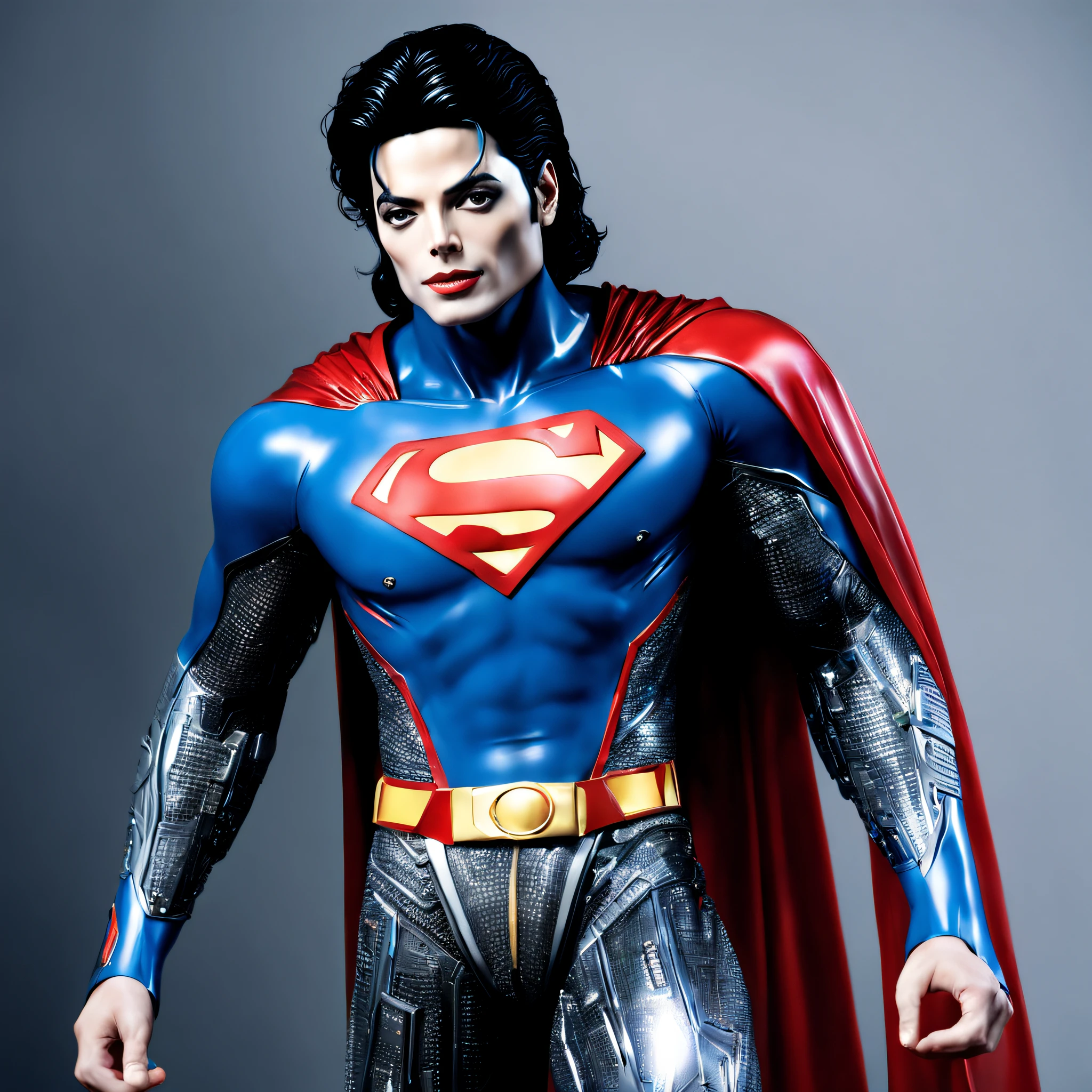 Michael Jackson, white skin, very beautiful face, with a cybernetic Superman outfit, with hyper realistic details.