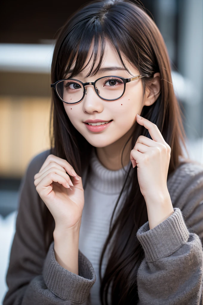 ((japanaese girl)), 8K, Raw photo, Best Quality, ultra-detailliert, Ultra High Resolution, Realistic, photographrealistic, high-definition RAW color photography, professional photograpy, Extremely detailed, 8K Wallpaper, amazing, finely detail, Huge file size, extra detailed face, extremely detailed eye, highlydetailed skin, extremely detailed fingers, highly detailed nose, highly detail mouth, Perfect Anatomy, Highly detailed background, Realistic body, Good figure, blown hair, Cute face, Photography, (Happy smile), Perfect Skin, Perfect Anatomy, (glasses), (Mole), swept bangs, ((winter)), long coat, muffler, full black eyes,