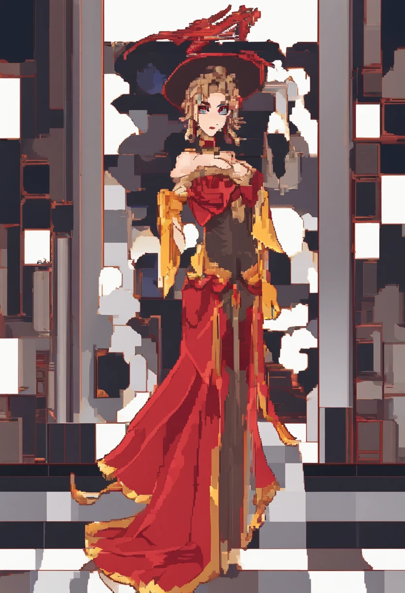 masterpiece, highres, best quality, highly detailed, wallpaper, painterly, brush strokes, pointy ears, yellow eyes, slit pupils, beautiful woman, large breasts, large butt, red dress