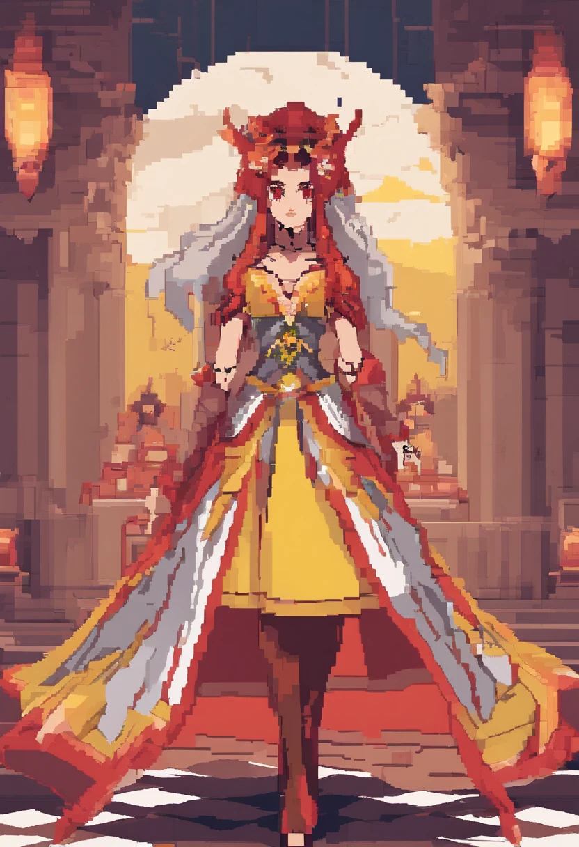 masterpiece, highres, best quality, highly detailed, wallpaper, painterly, brush strokes, pointy ears, yellow eyes, slit pupils, beautiful woman, large breasts, large butt, red dress
