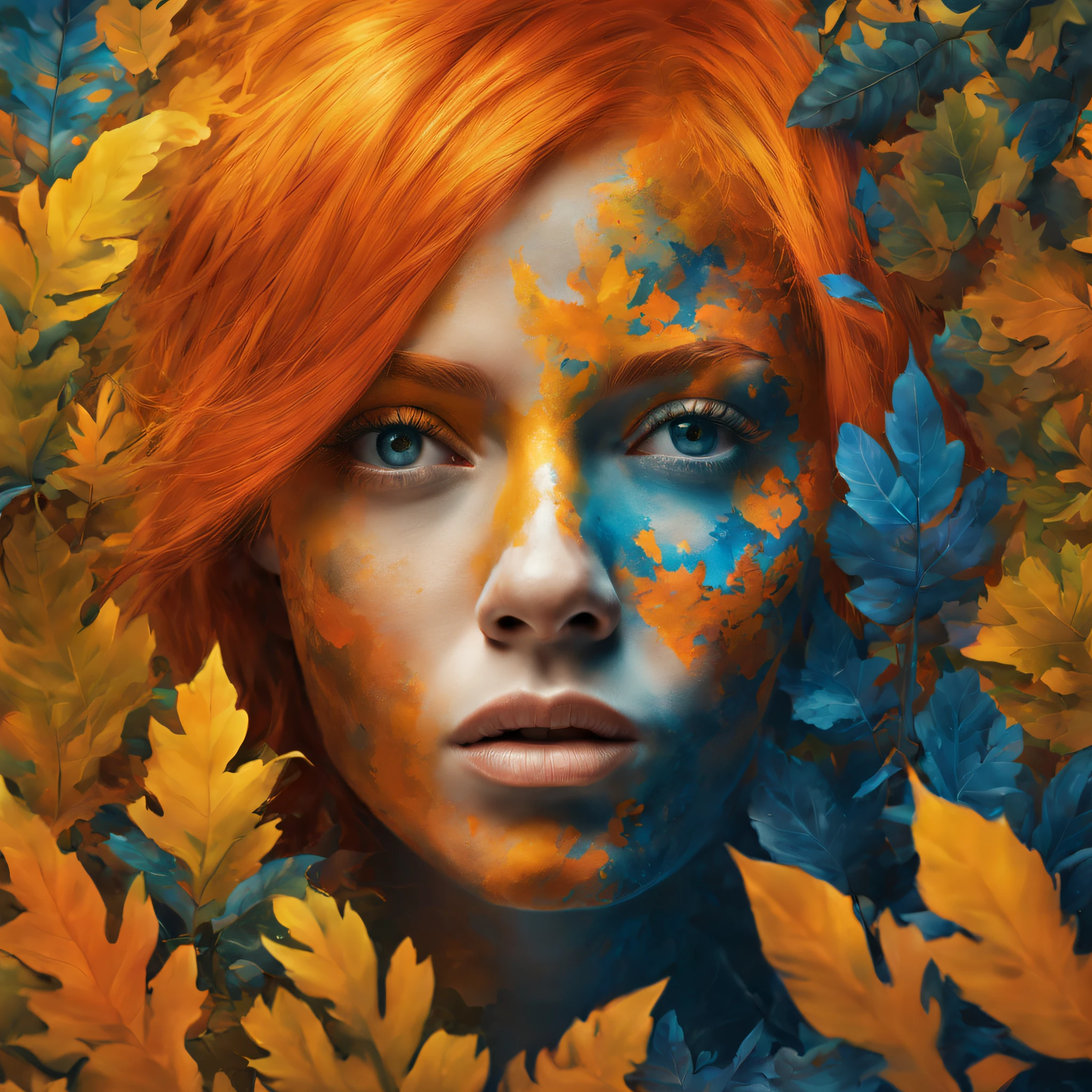 face camouflage of a mysterious woman with orange hair camouflaged in a magical forest, with magical painting in pop culture artistic style, with orange, yellow, blue, red coloring, detailed hyper realism, 8k.