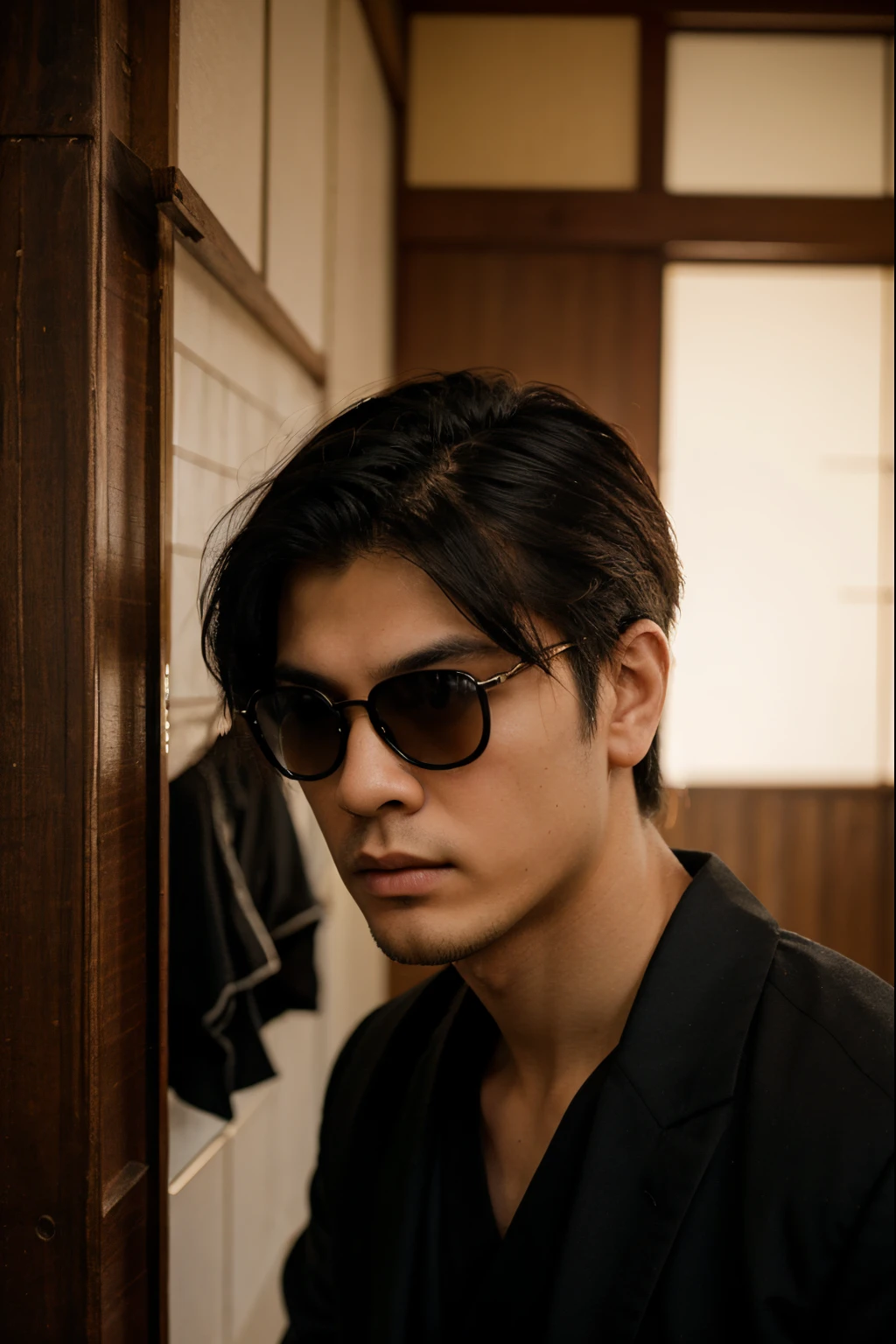 An Young man with traditional Japanese thinking,Real frontal photos,Authentic background,The background is a Japanese dojo,yakuza clothing,Young Face20 year old, black sunglasses, male people style,slik black hair