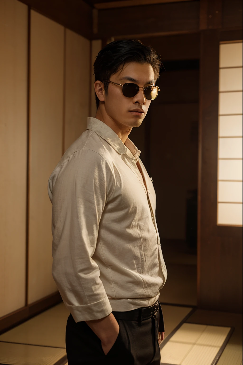 An Young man with traditional Japanese thinking,Real frontal photos,Authentic background,The background is a Japanese dojo,yakuza clothing,Young Face20 year old, black sunglasses, male people style,slik black hair