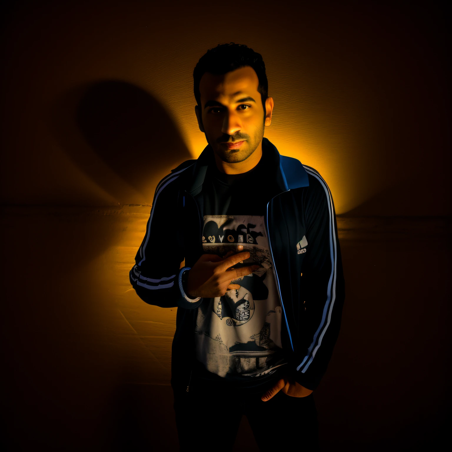 arafed man standing in front of a wall with a shirt on, candid!! dark background, at night time, (((low light))), profile pic, at nighttime, very very low quality picture, with accurate face, potrait, portait photo profile picture, shot at night with studio lights, photo taken at night, full body photgraph