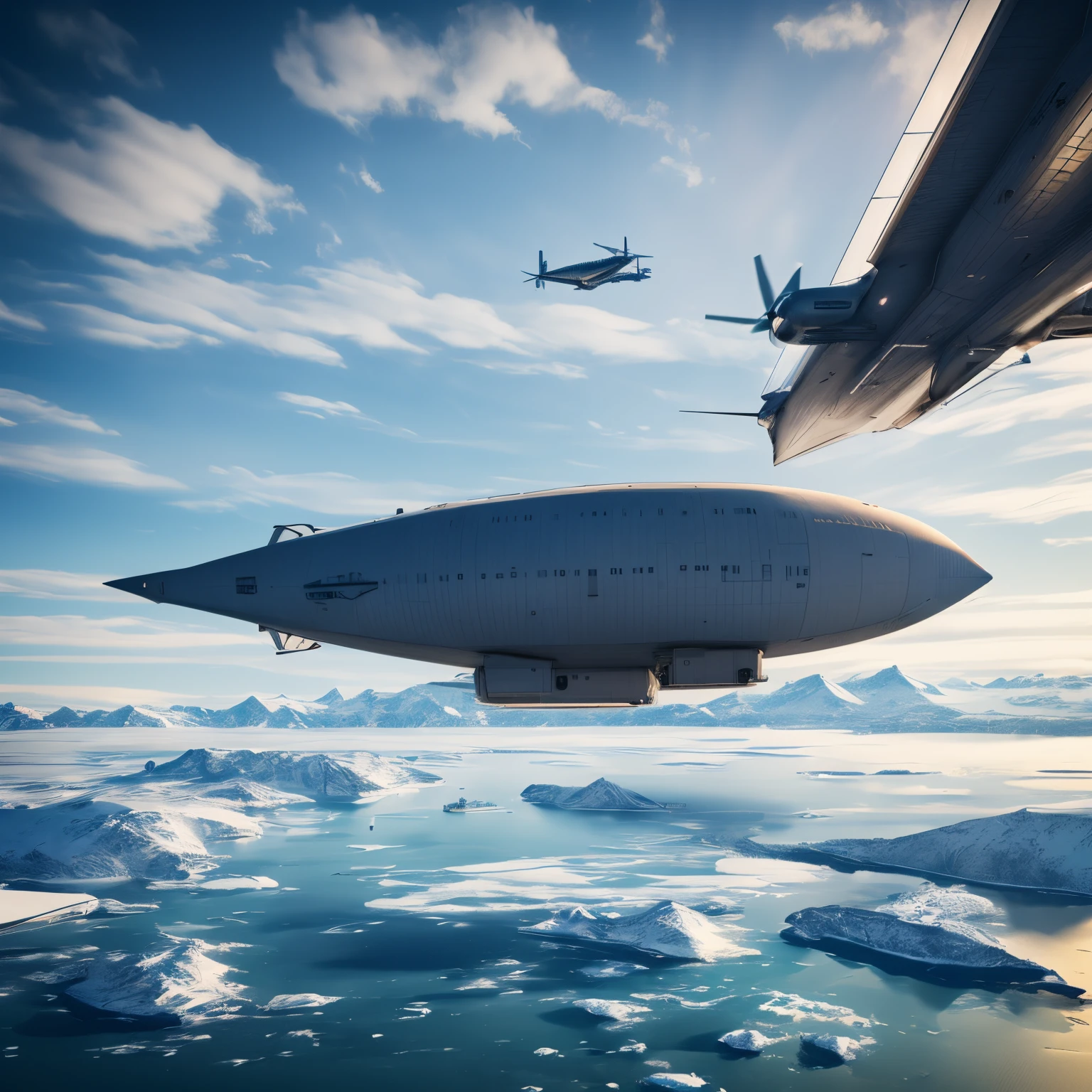 (Best Quality,Photorealistic),(Futuristic,hi-tech:1.1),(panoramic perspective view, 20mm lens), White large 19th century style airship over Antarctica, A very dynamic scene, cinematic ambient, Epic