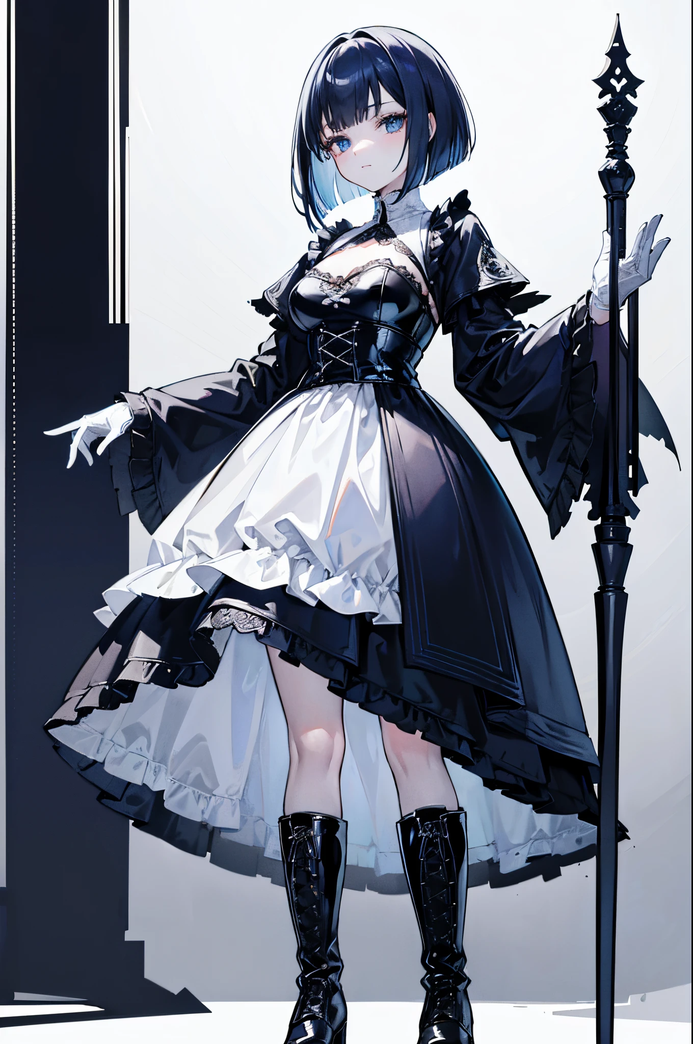 Only 1 girl, a dark blue haired, on-eyebrow bangs, bob cut hair, (Sanpaku blue eyes:1.3), unpleasant smile, BREAK, wearing a black dress in the Gothic style, an intricate Gothic-style dress with detailed lacework, layers of silk and velvet, adorned with ornate patterns and a dramatic collar, (wearing black latex gloves:1.3), BREAK, Standing with your back straight, (wearing lace-up boots:1.3), BREAK, character only, perfect anatomy, (background is white only :1.8), incredibly absurdres, super detailed illustration, extra detailed face, super detailed illustration, extra detailed face, raw photography, DeviantArt trends, natural soft light.