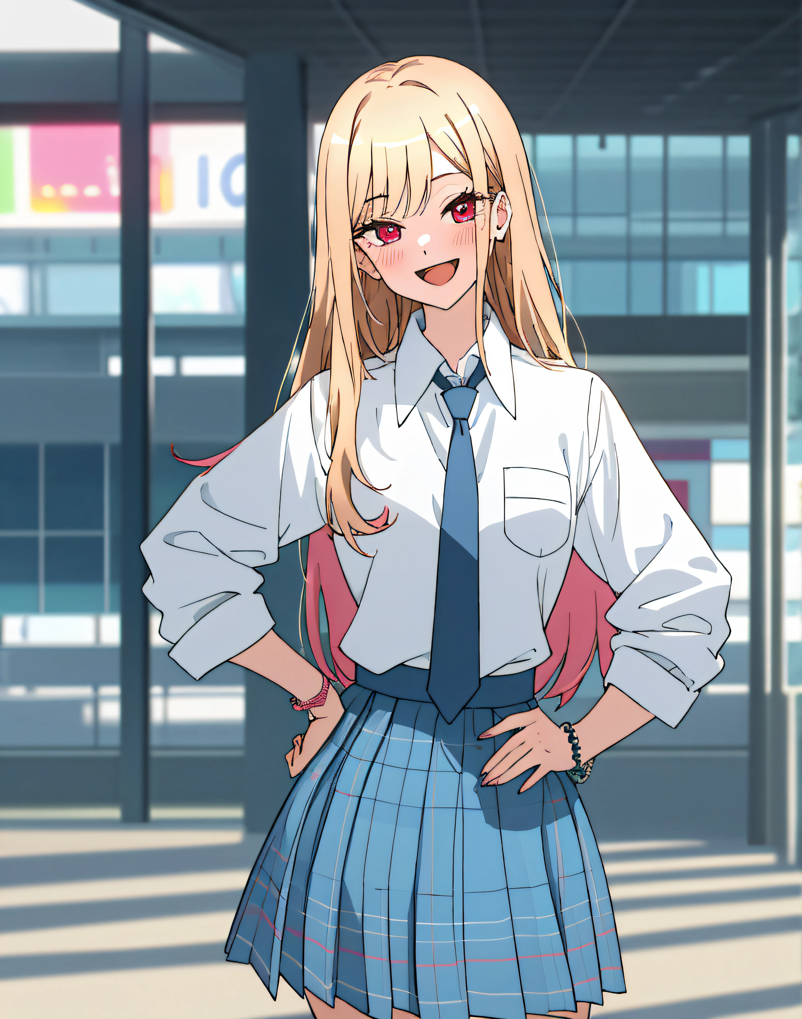 4K, Masterpiece, highres, absurdres,natural volumetric lighting and best shadows, deep depth of field, sharp focus, soft delicate beautiful attractive face,bisquedoll anime style ,[kitagawa marin|Nadia], 1girl, :d, upper body, bead bracelet, beads, black necktie, blonde hair, blue skirt, blush, bracelet, hand on own hip, jewelry, long hair, looking at viewer, necktie, open mouth, plaid, plaid skirt, red eyes, school uniform, shirt, outdoors, skirt, smile, solo, standing,white background, white shirt,